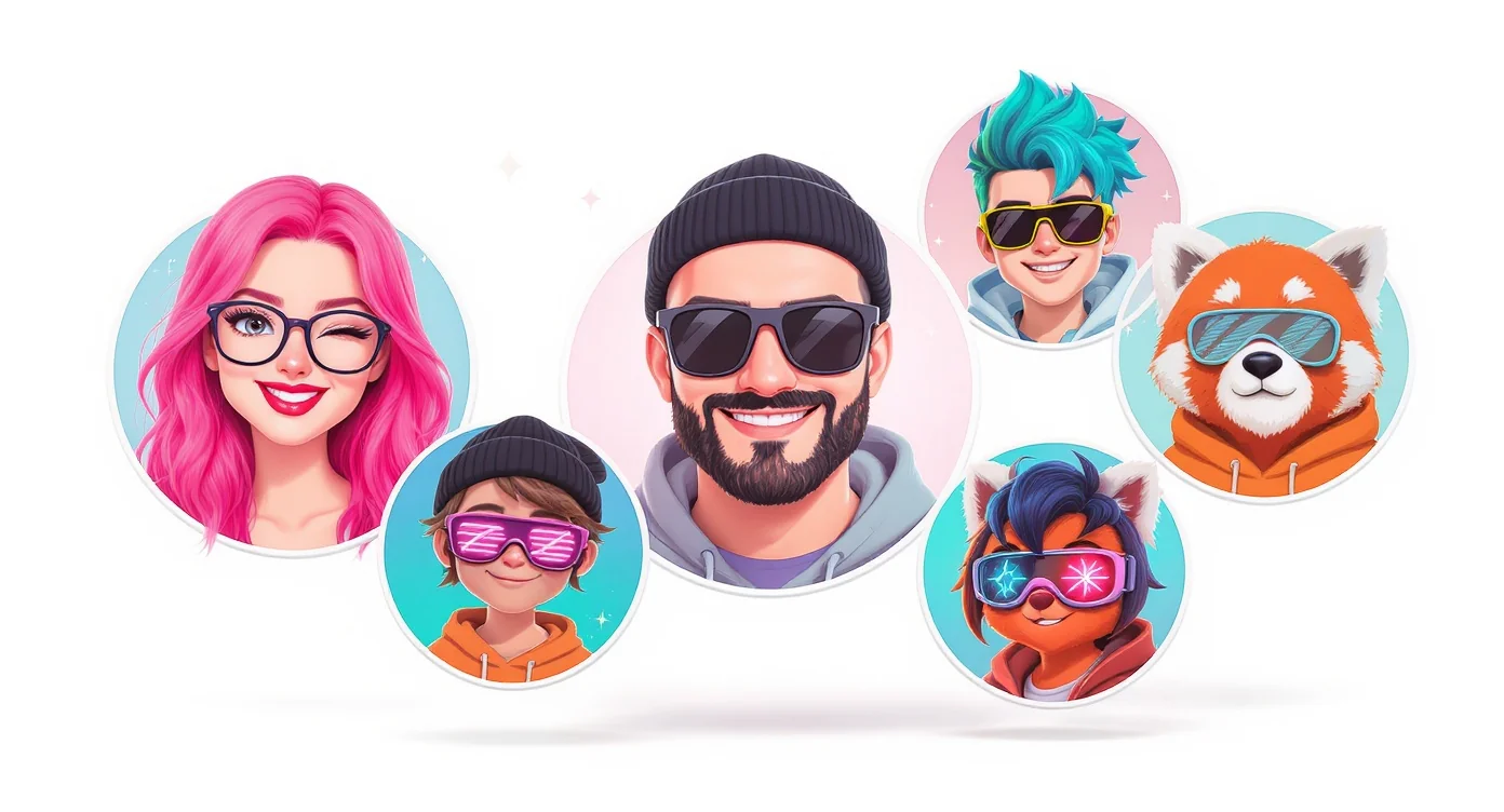 A colorful collage of diverse custom cartoon avatars displayed in circular profile picture frames against a clean white background.