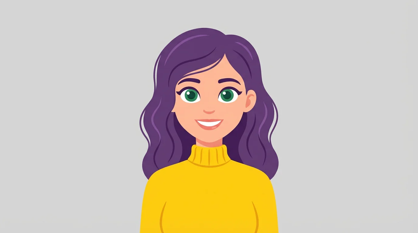 A head and shoulders cartoon avatar of a woman with wavy purple hair, green eyes, and a friendly smile, wearing a yellow turtleneck on a light gray background.