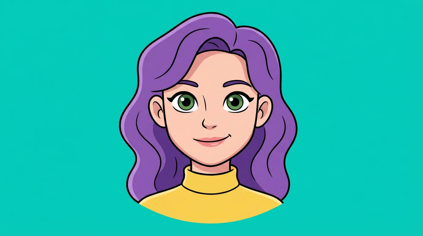 A colorful cartoon avatar of a smiling woman with purple hair and a yellow turtleneck, set against a solid teal background.