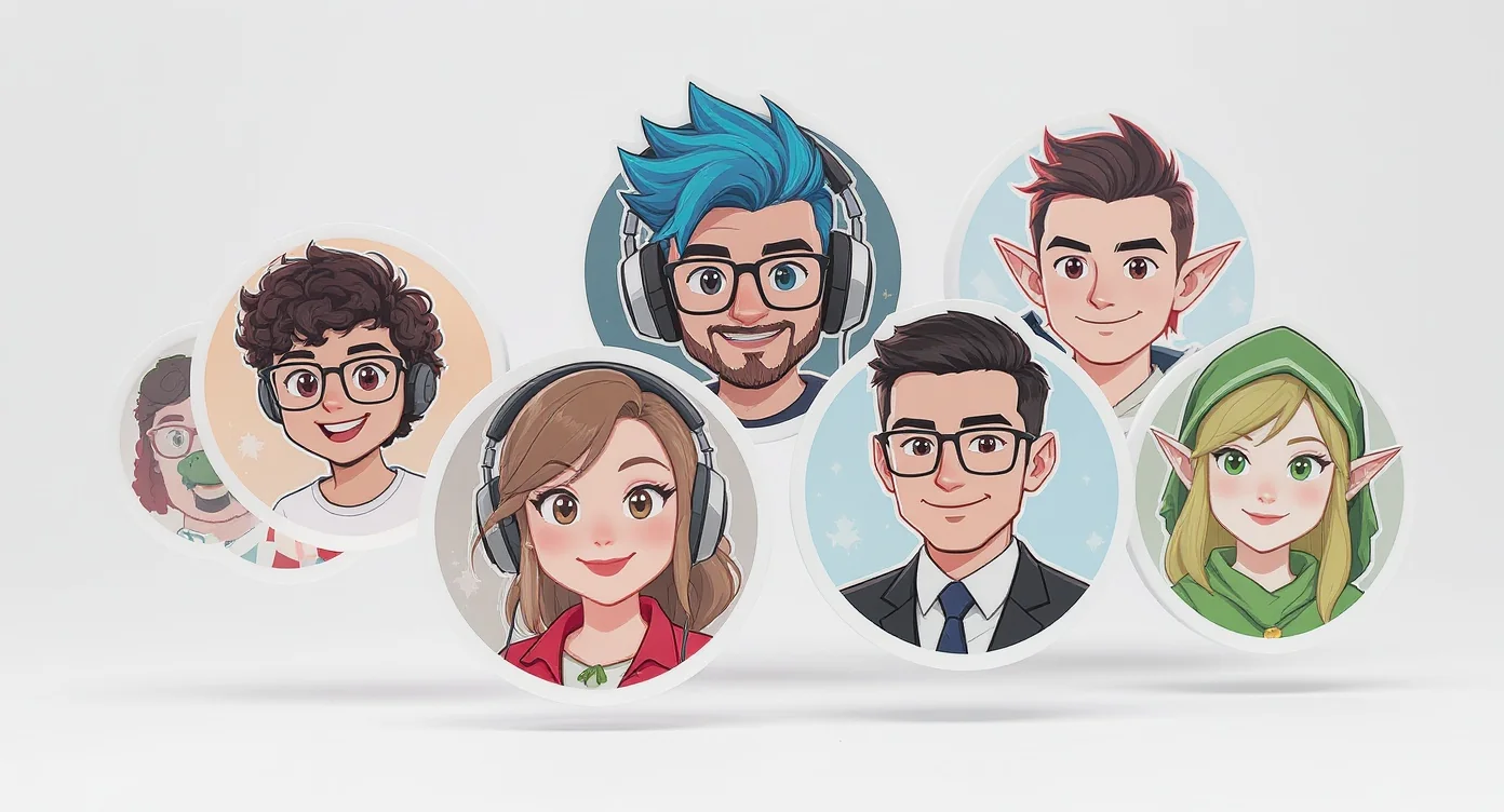 A collection of four distinct cartoon avatars arranged on a white background. The avatars, each in a circular frame, include a woman with glasses, a gamer with headphones, a professional in a suit, and a fantasy elf.