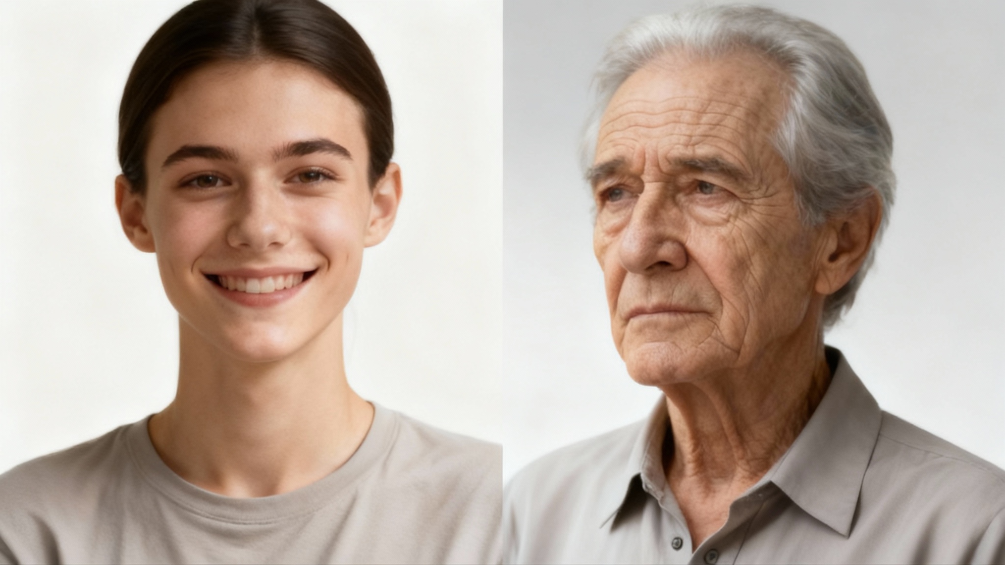 A split-screen comparison image showing the result of an AI aging tool. On the left is a portrait of a young woman in her 20s, and on the right is a photorealistic portrait of the same woman aged into her 60s.