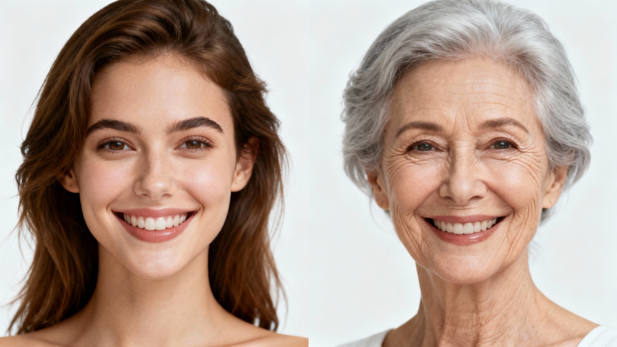 A split-screen image showing a before-and-after aging effect on a woman's face. The left side shows her in her youth, and the right side shows her as an older woman with wrinkles and gray hair, both versions are smiling warmly.