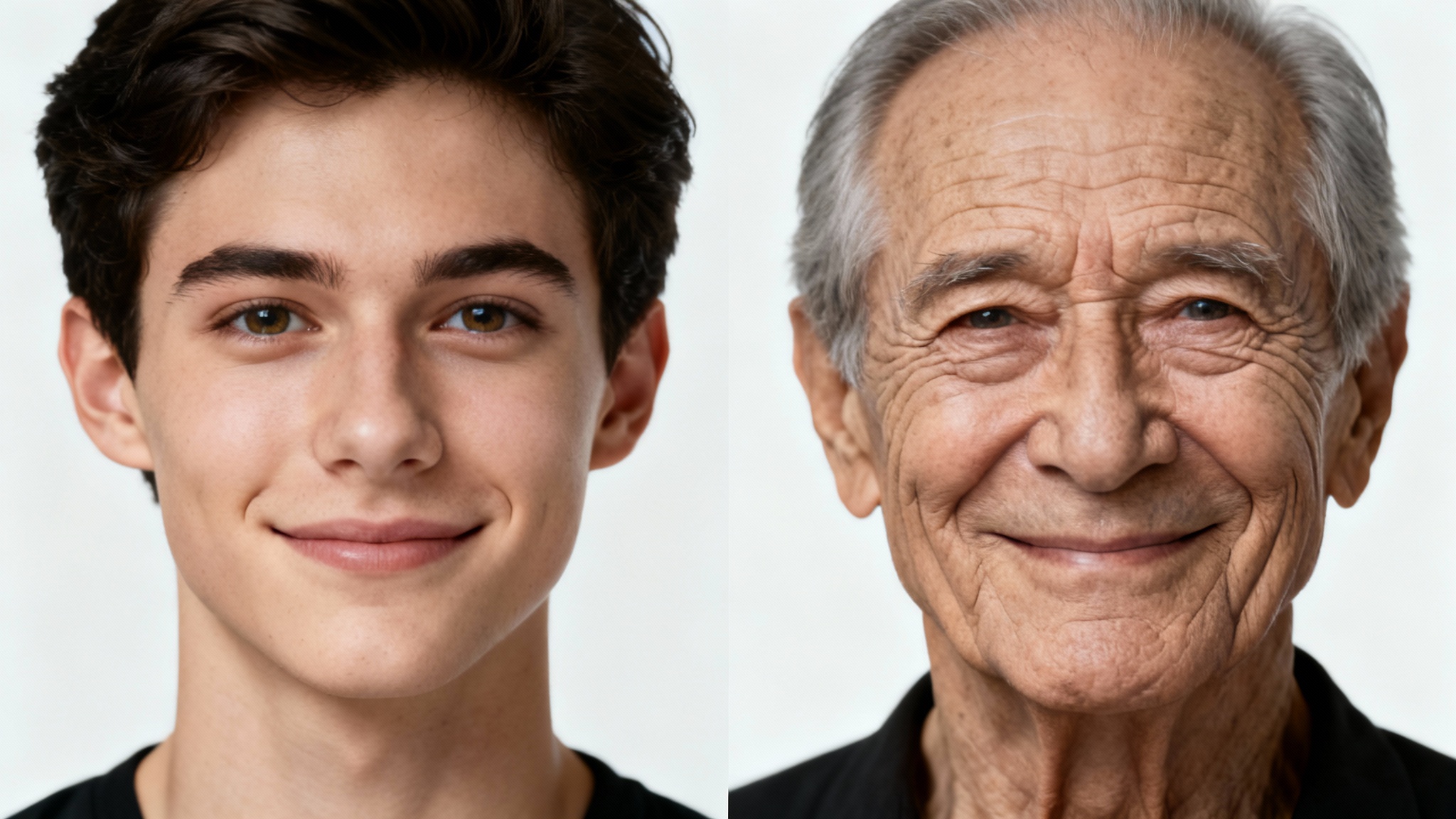 A split-screen, before-and-after image demonstrating an aging effect. The left side shows a young man in his 20s, and the right side shows the same man realistically aged to look like he is in his 60s, against a plain white background.