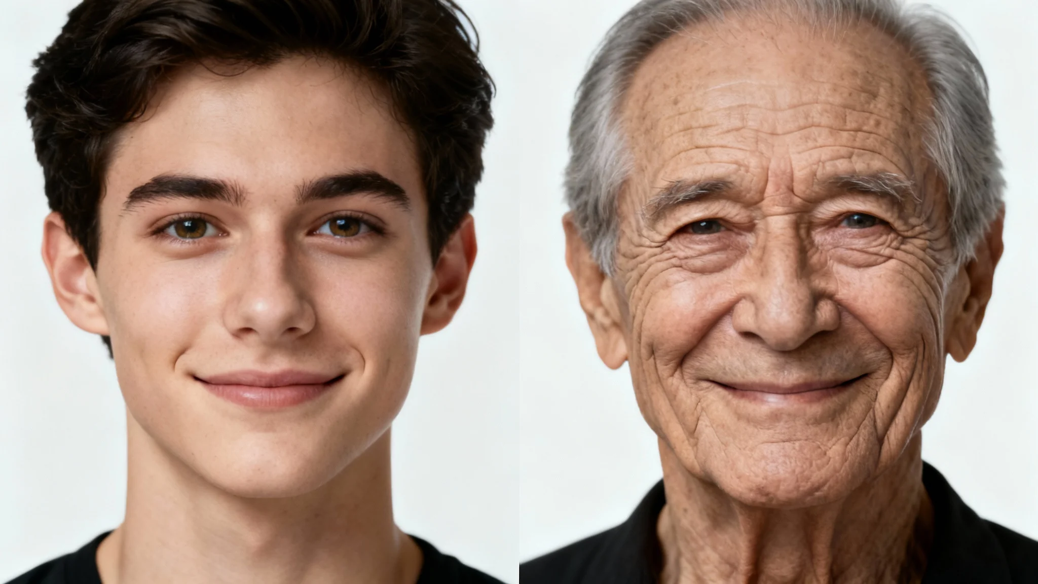 A split-screen, before-and-after image demonstrating an aging effect. The left side shows a young man in his 20s, and the right side shows the same man realistically aged to look like he is in his 60s, against a plain white background.