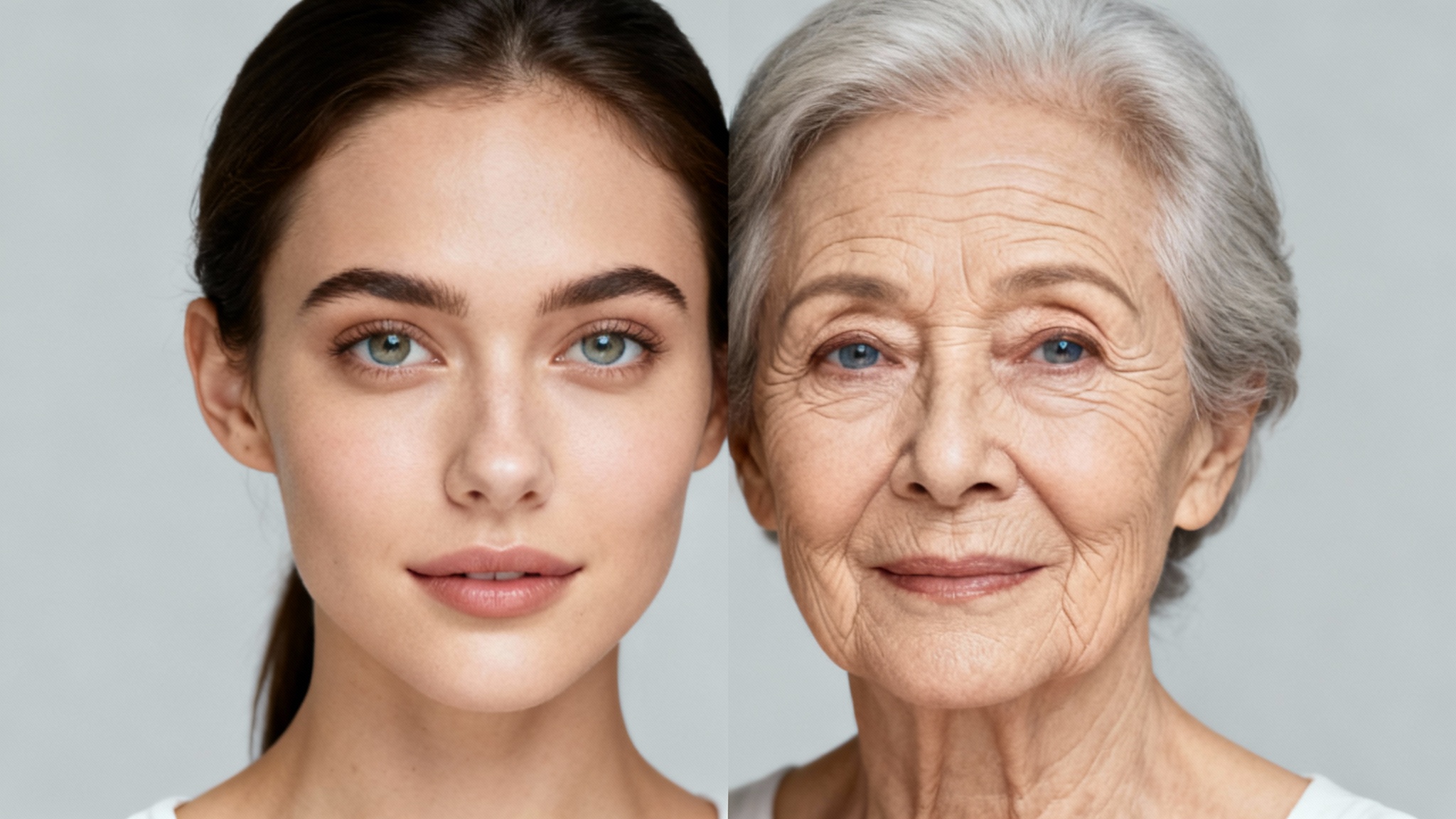 A split-screen image showing a woman's face aging. The left panel shows her as a young adult, and the right panel shows her as a senior, demonstrating the before-and-after effect of aging.