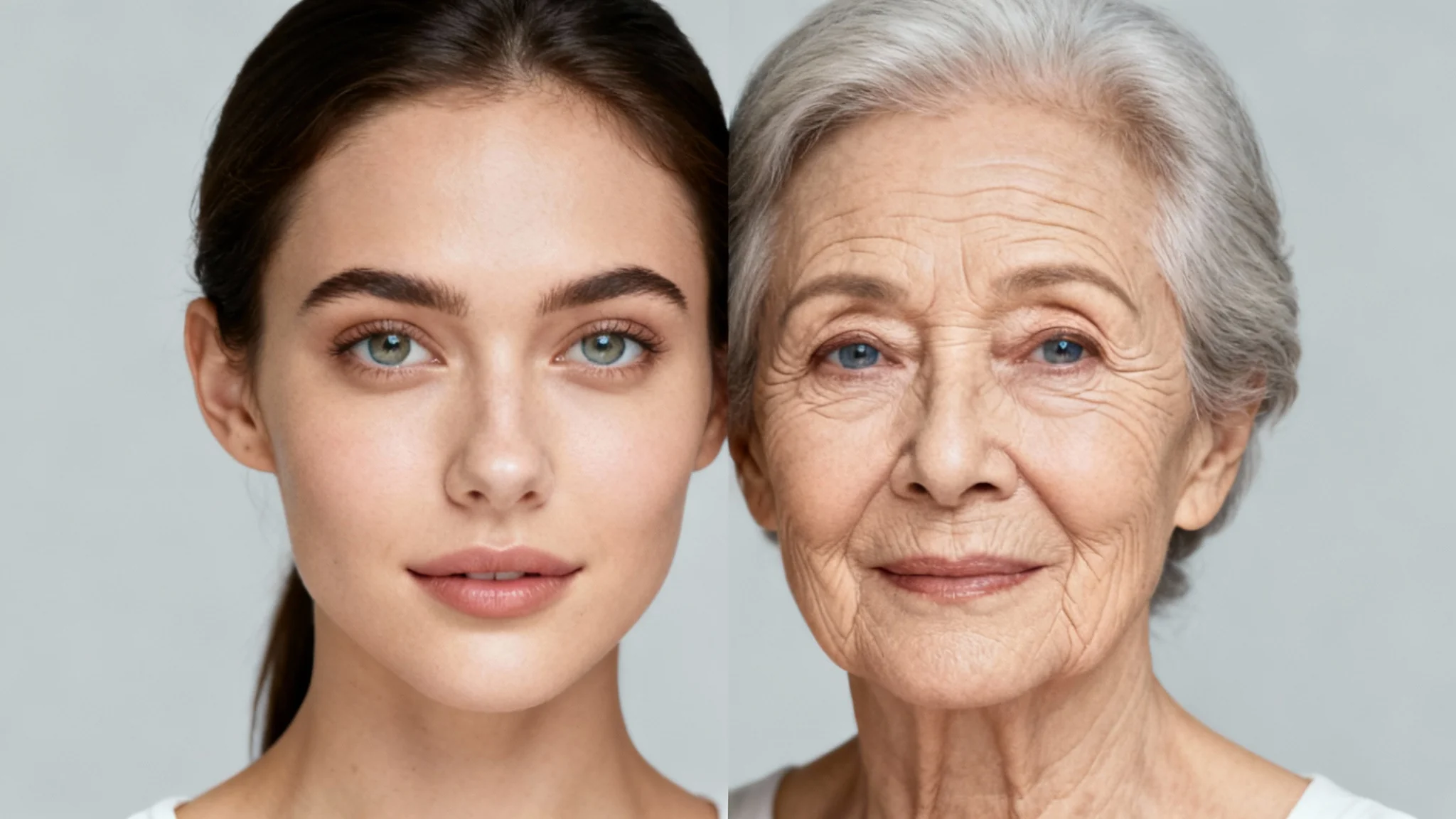 A split-screen image showing a woman's face aging. The left panel shows her as a young adult, and the right panel shows her as a senior, demonstrating the before-and-after effect of aging.