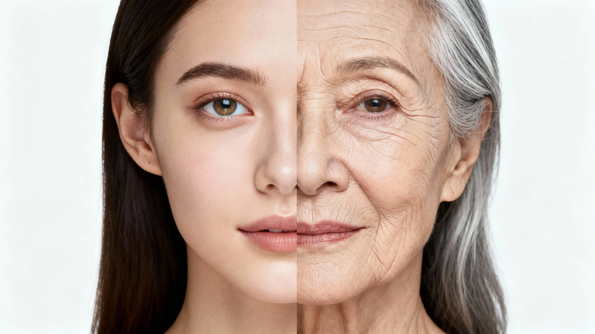 A split-screen comparison image showing the face of a woman aging. The left side shows her as a young woman in her 20s, and the right side shows her as an older woman in her 60s, illustrating a realistic aging process.