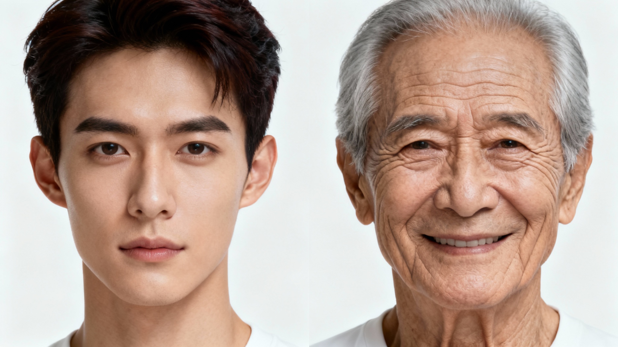 A before-and-after comparison image showing the aging process. The left panel shows a young man's face, and the right panel shows the same man's face as a senior citizen, highlighting the visual effects of aging.