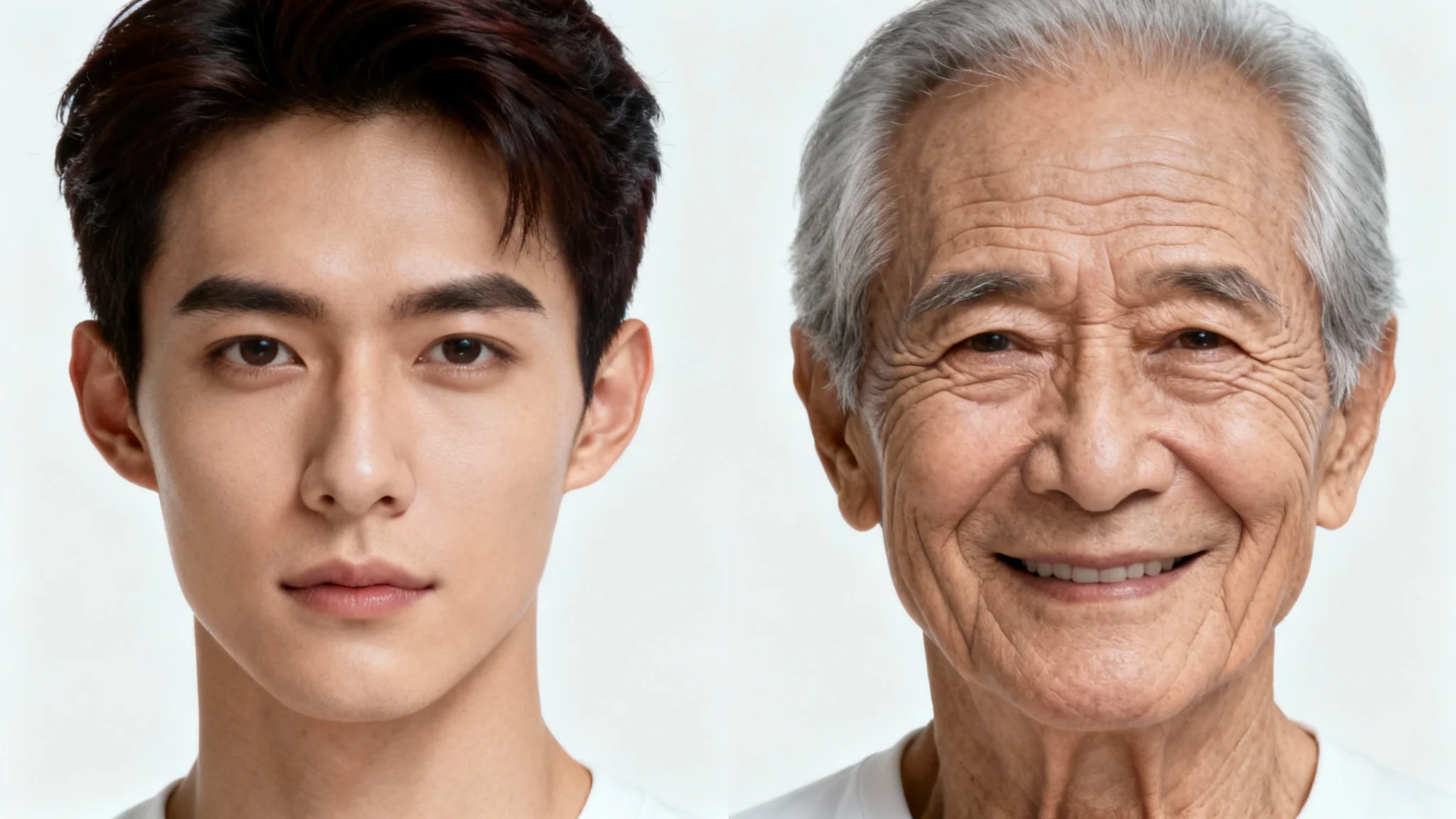 A before-and-after comparison image showing the aging process. The left panel shows a young man's face, and the right panel shows the same man's face as a senior citizen, highlighting the visual effects of aging.