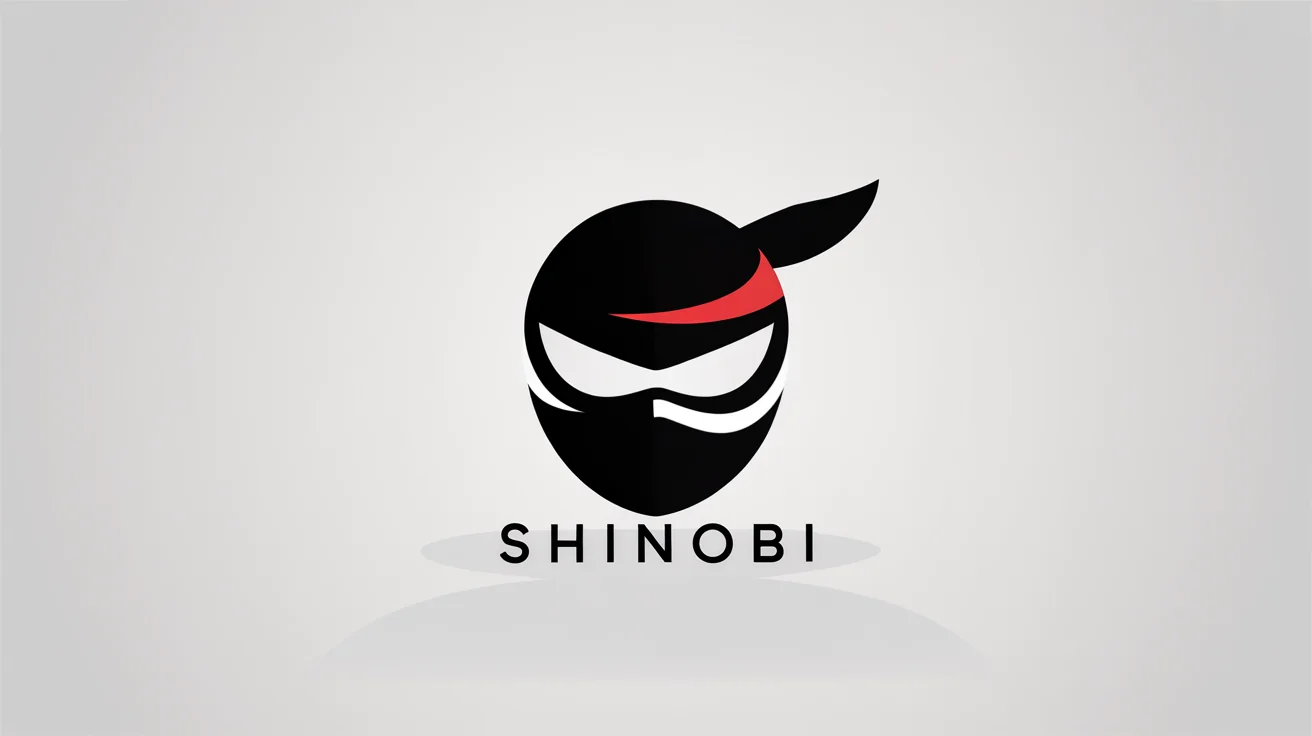 A modern black, white, and red logo featuring a minimalist ninja mask and the word 'SHINOBI', presented professionally on a light gray background.