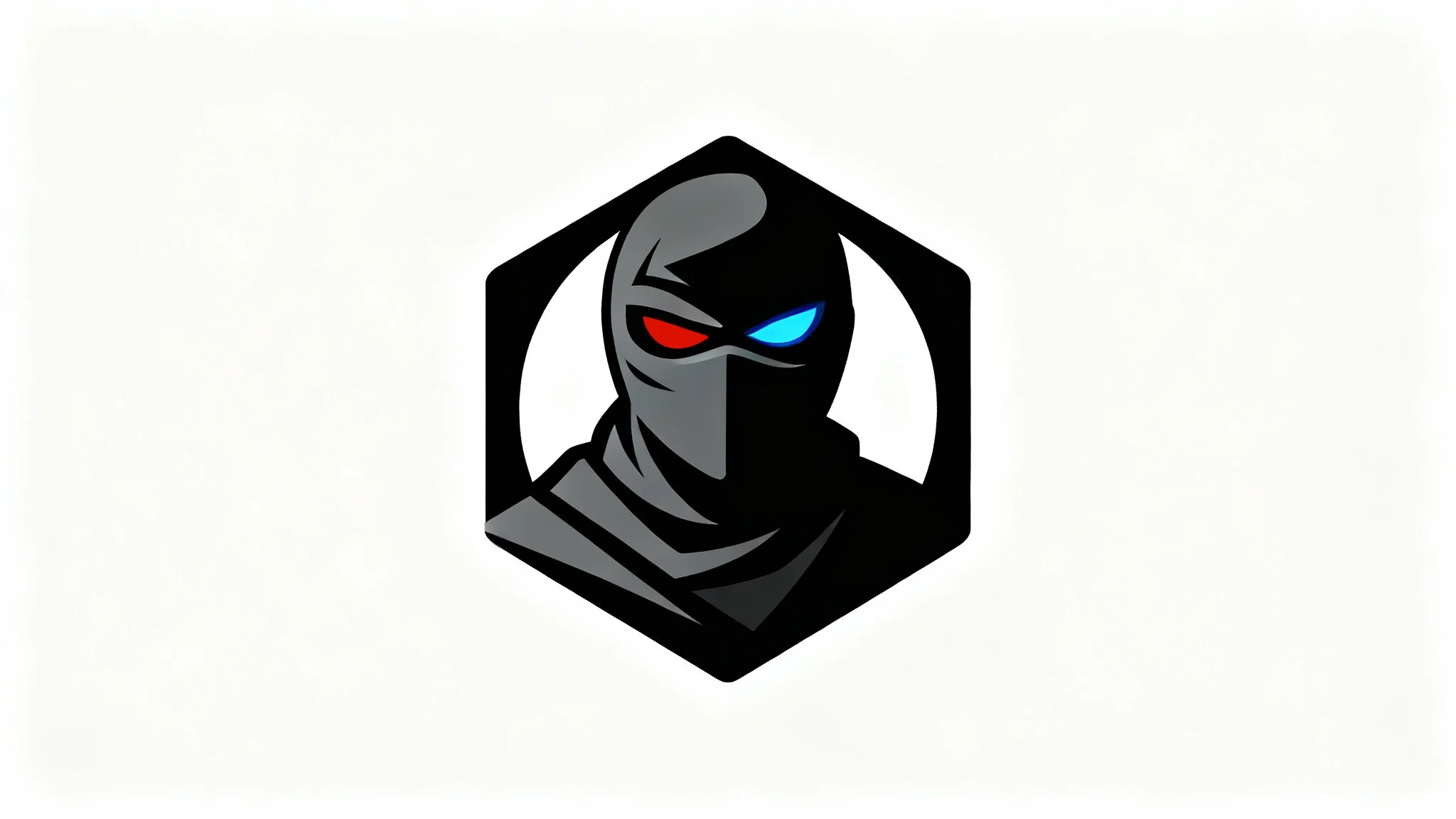 A modern, minimalist vector logo of a ninja emblem on a white background. The logo is primarily black and gray, with a single glowing eye providing a pop of color.