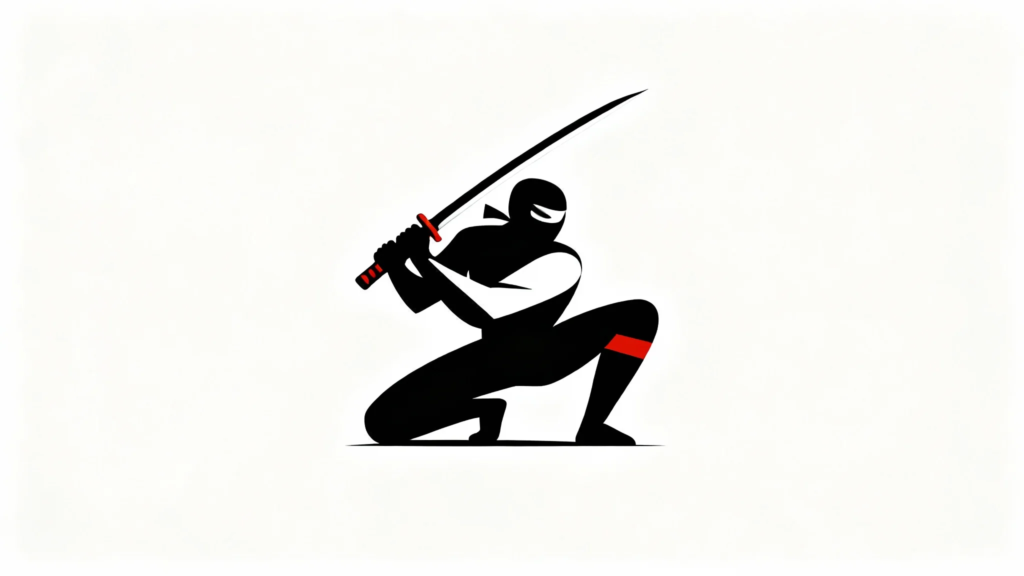 A modern, minimalist vector logo of a ninja in a crouching pose holding a katana, designed in black, white, and red on a clean white background.
