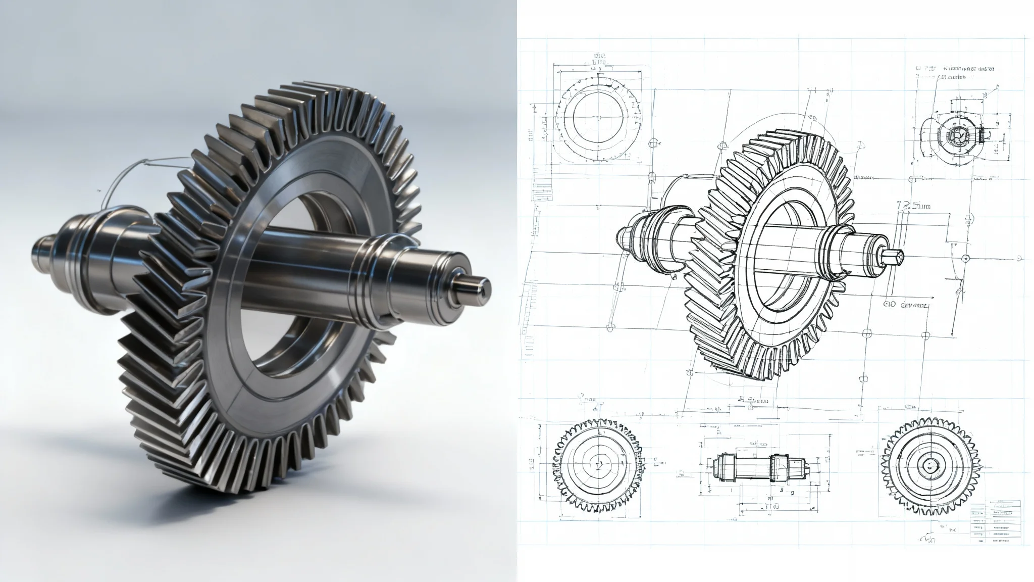 A split-screen image demonstrating an 'image to CAD' conversion. The left side shows a photo of a metal part, and the right side shows a detailed technical CAD blueprint of the same part with dimensions and multiple views.