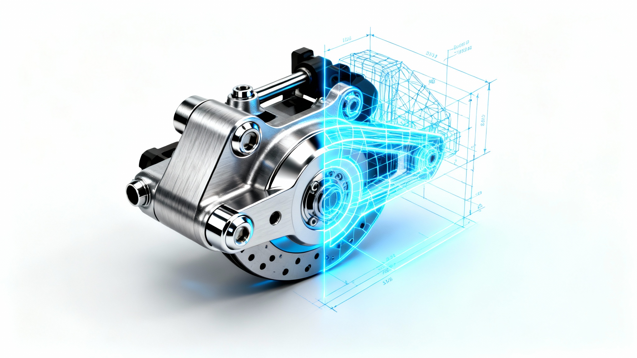 A mechanical part shown with one half as a photorealistic image and the other half as a blue CAD wireframe drawing, illustrating the conversion from an image to a technical CAD file.
