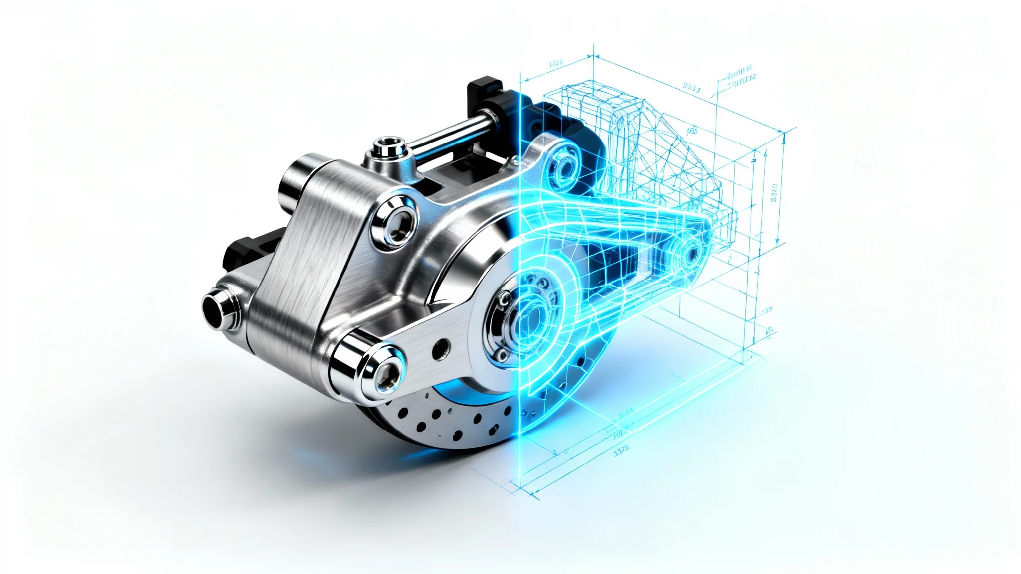 A mechanical part shown with one half as a photorealistic image and the other half as a blue CAD wireframe drawing, illustrating the conversion from an image to a technical CAD file.