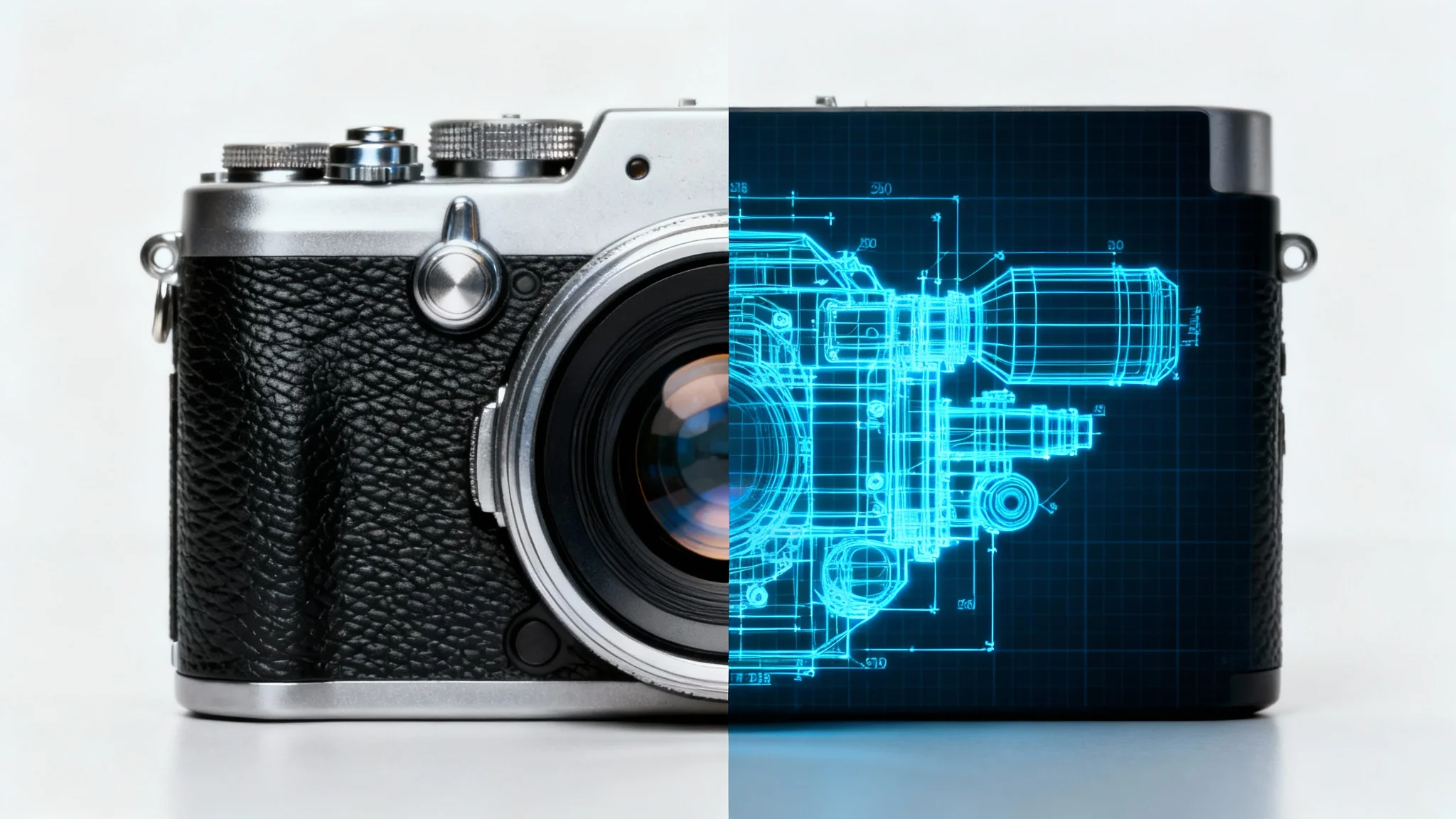 A vintage camera is shown half as a photorealistic image and half as a technical CAD wireframe drawing, symbolizing the conversion of an image to a CAD file.