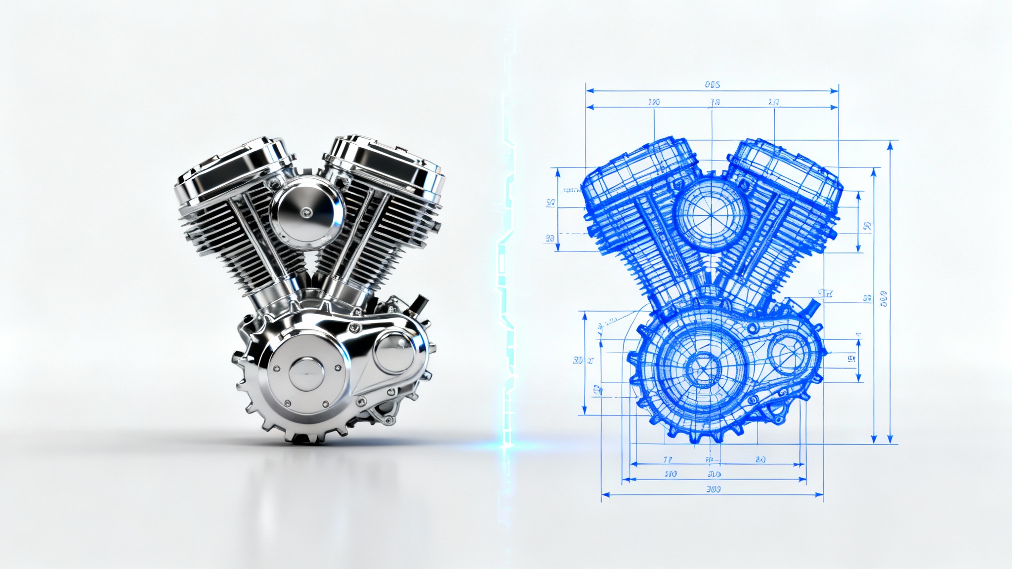 A split image showing the conversion of a photo of a shiny metal gear into a technical CAD blueprint, illustrating the image to CAD drawing process.