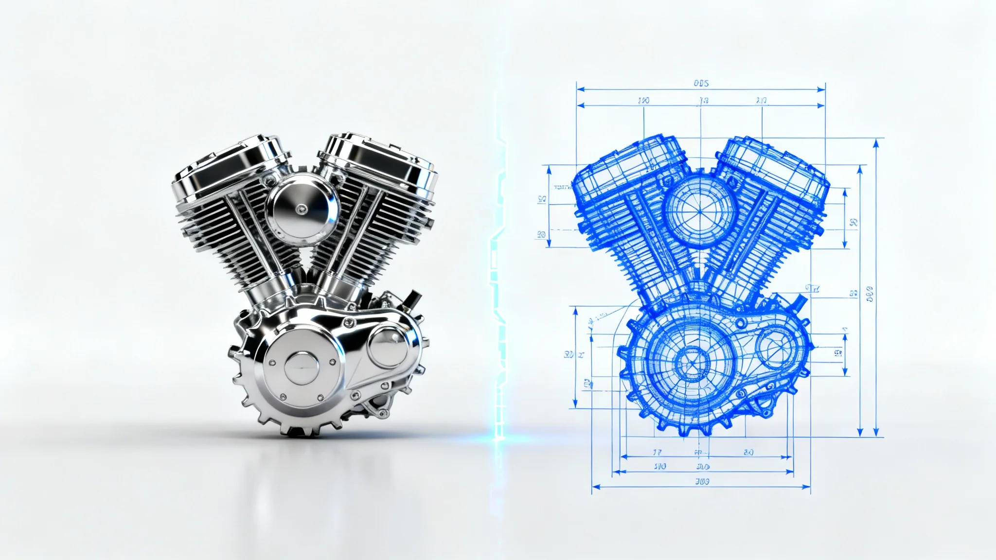 A split image showing the conversion of a photo of a shiny metal gear into a technical CAD blueprint, illustrating the image to CAD drawing process.