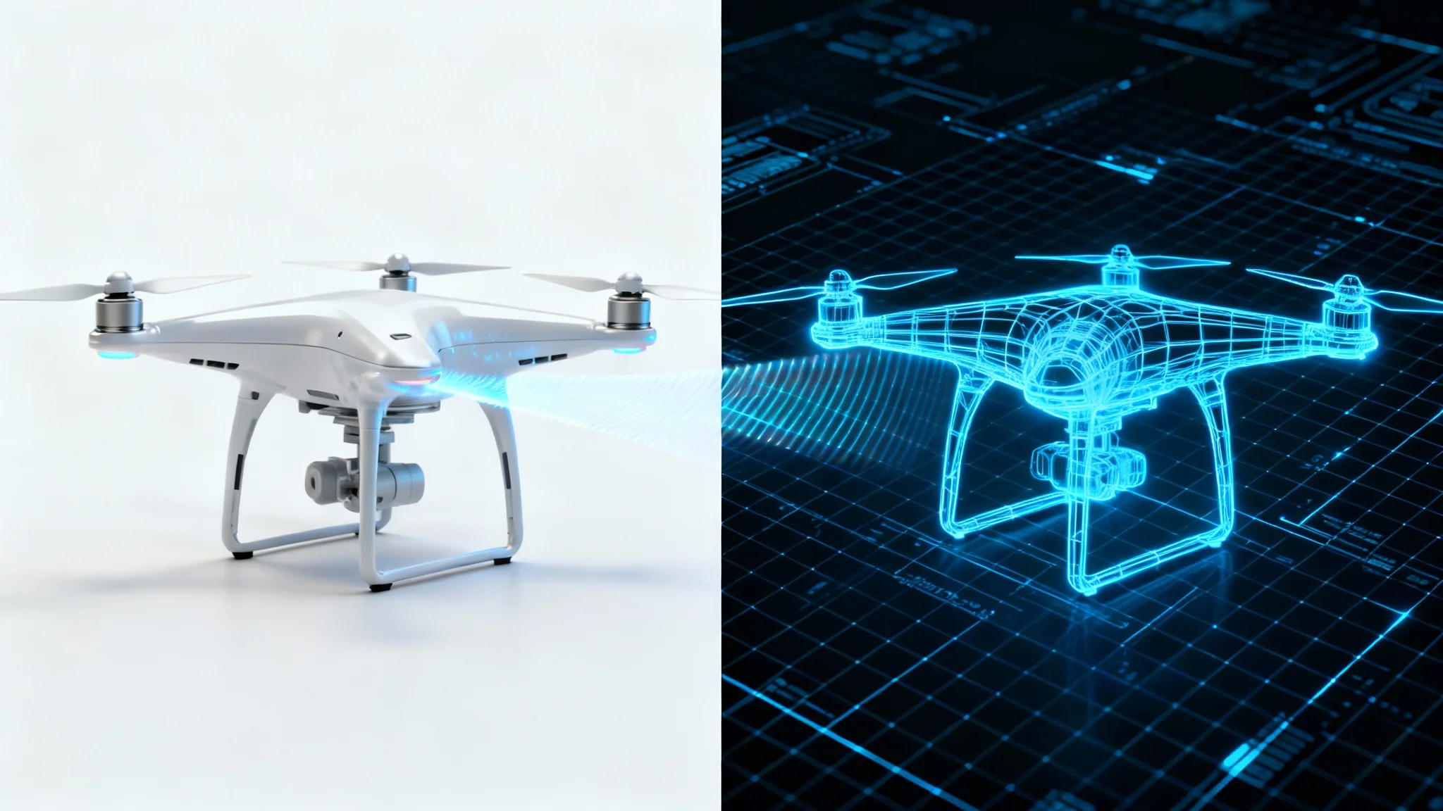 A conceptual image showing a photorealistic drone on the left being transformed into a blue-lined CAD wireframe drawing on the right, symbolizing the image to CAD conversion process.