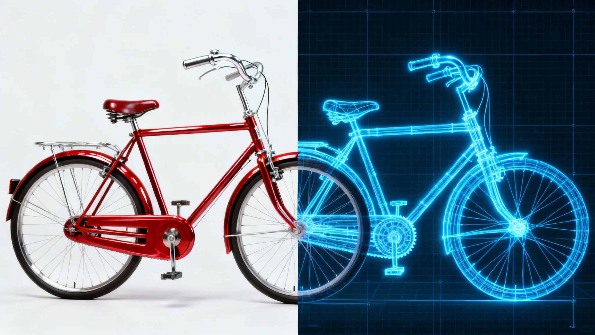 A split image demonstrating the conversion of a photo to a CAD drawing. The left side shows a photorealistic red bicycle, and the right side shows a glowing blue technical wireframe of the same bicycle.
