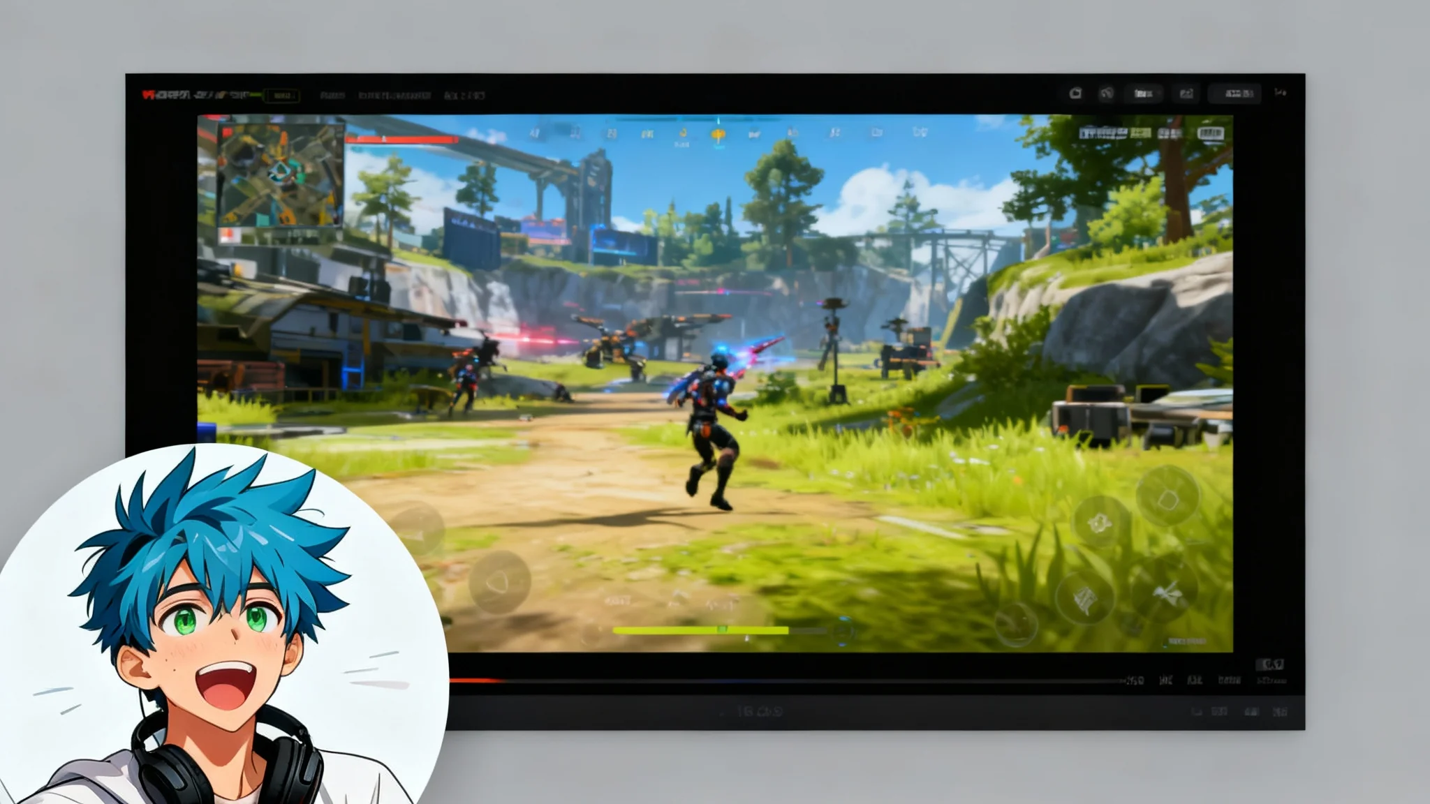 A screen capture of a live stream showing a video game, with an animated avatar of a young man with blue hair in a circle in the corner. The avatar is laughing, with motion effects to show it's animated.
