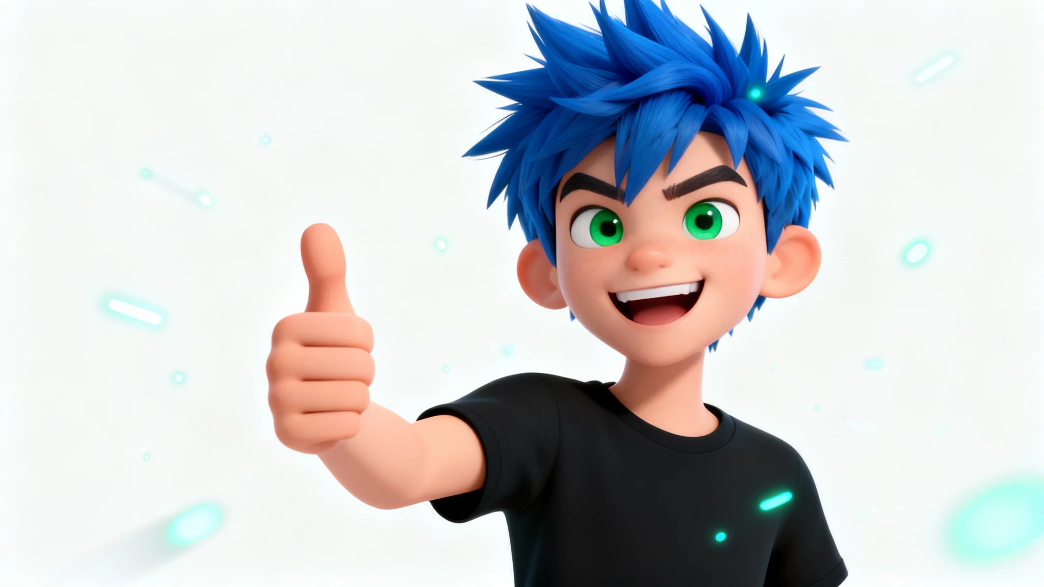 A 3D animated avatar of a young man with spiky blue hair, smiling and giving a thumbs-up against a clean white background.