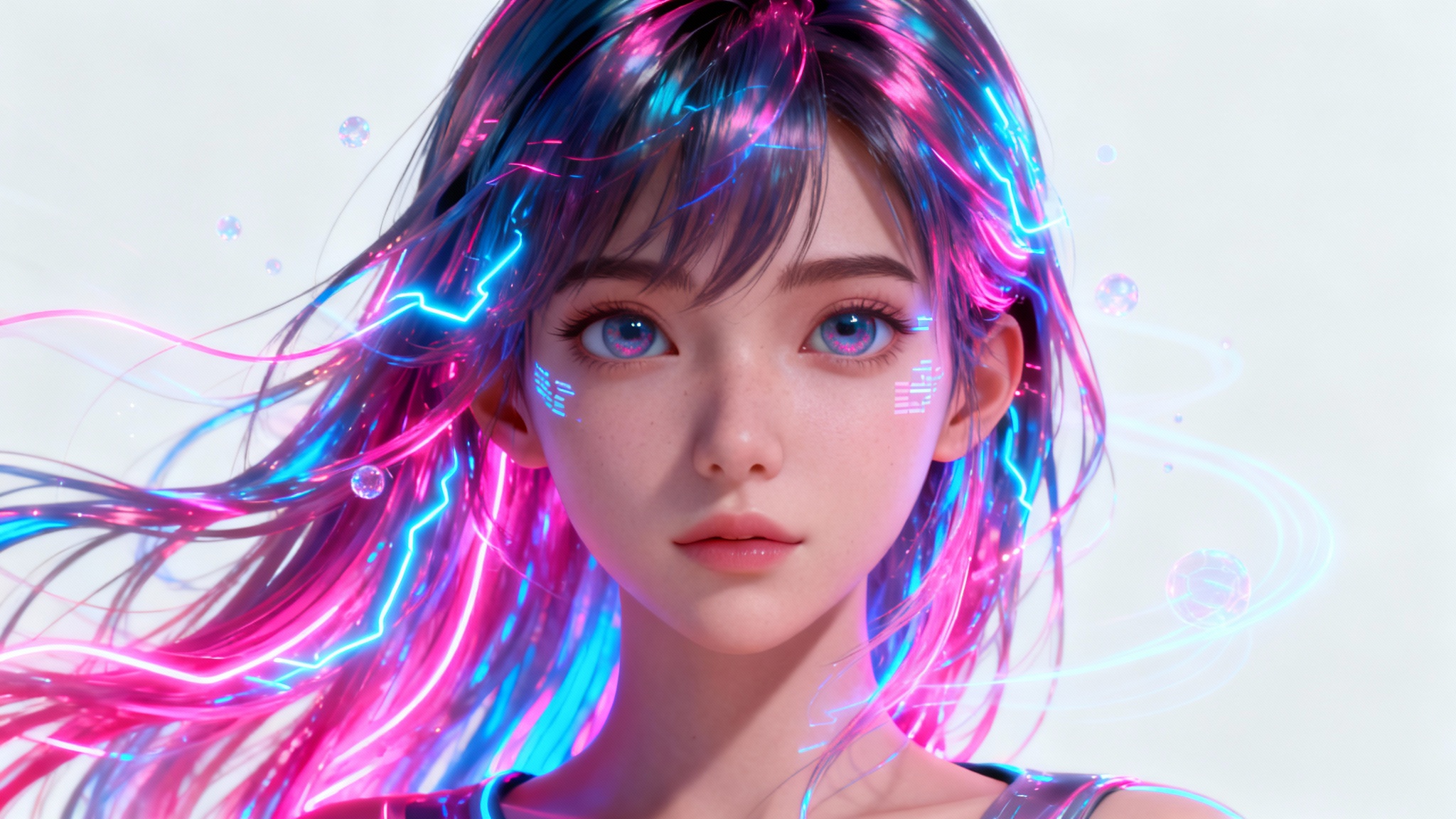A hyper-detailed 3D digital art mockup of a futuristic female animated avatar. She has flowing, glowing hair in pink and blue, and is surrounded by light particles against a clean white background.