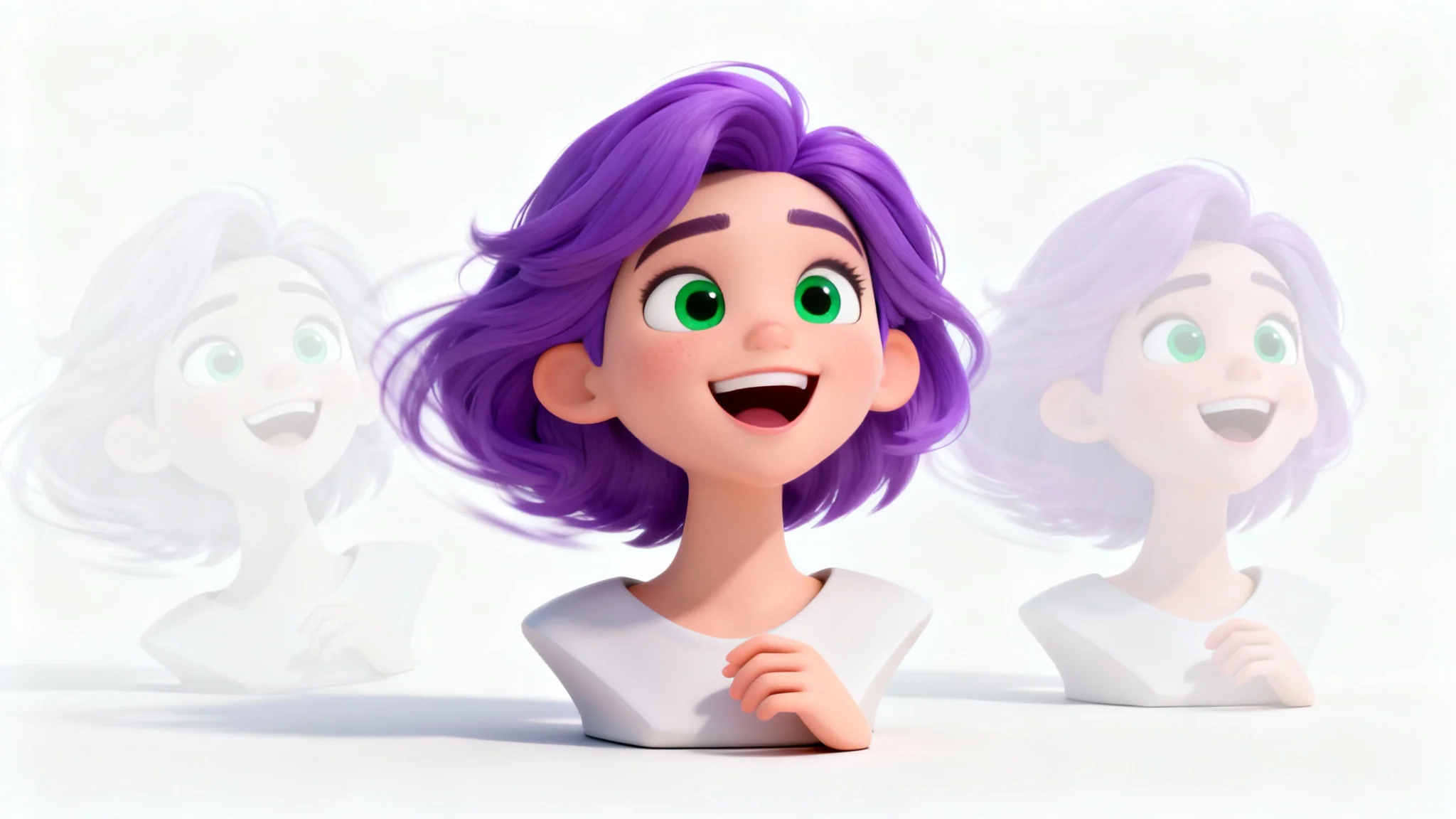 A stylized 3D animated avatar of a woman with purple hair, captured mid-laugh against a clean white background, with visual effects suggesting motion.