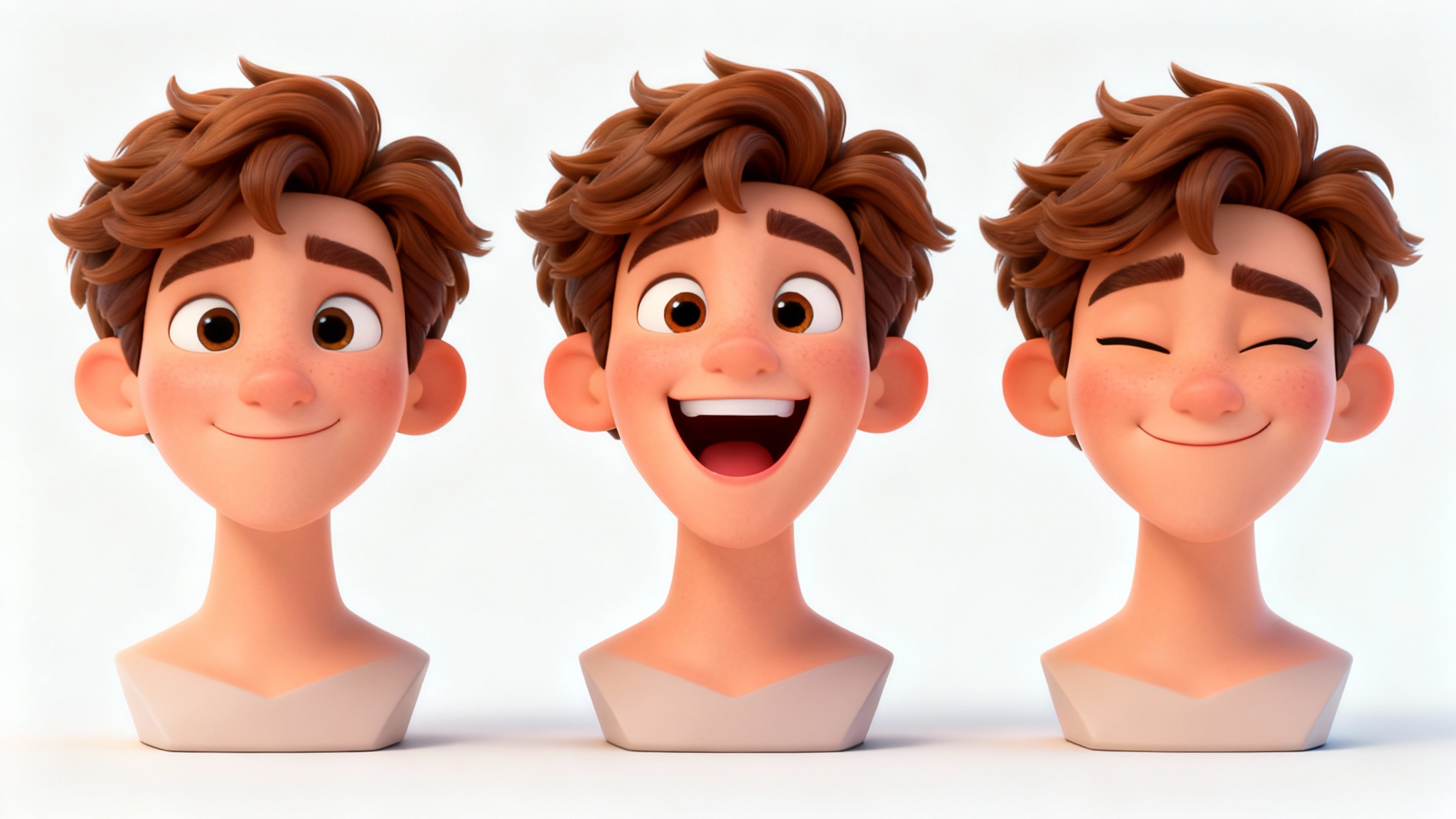 A sequence of three 3D animated avatar busts of a young man, demonstrating different expressions: smiling, laughing, and winking, all set against a plain white background.