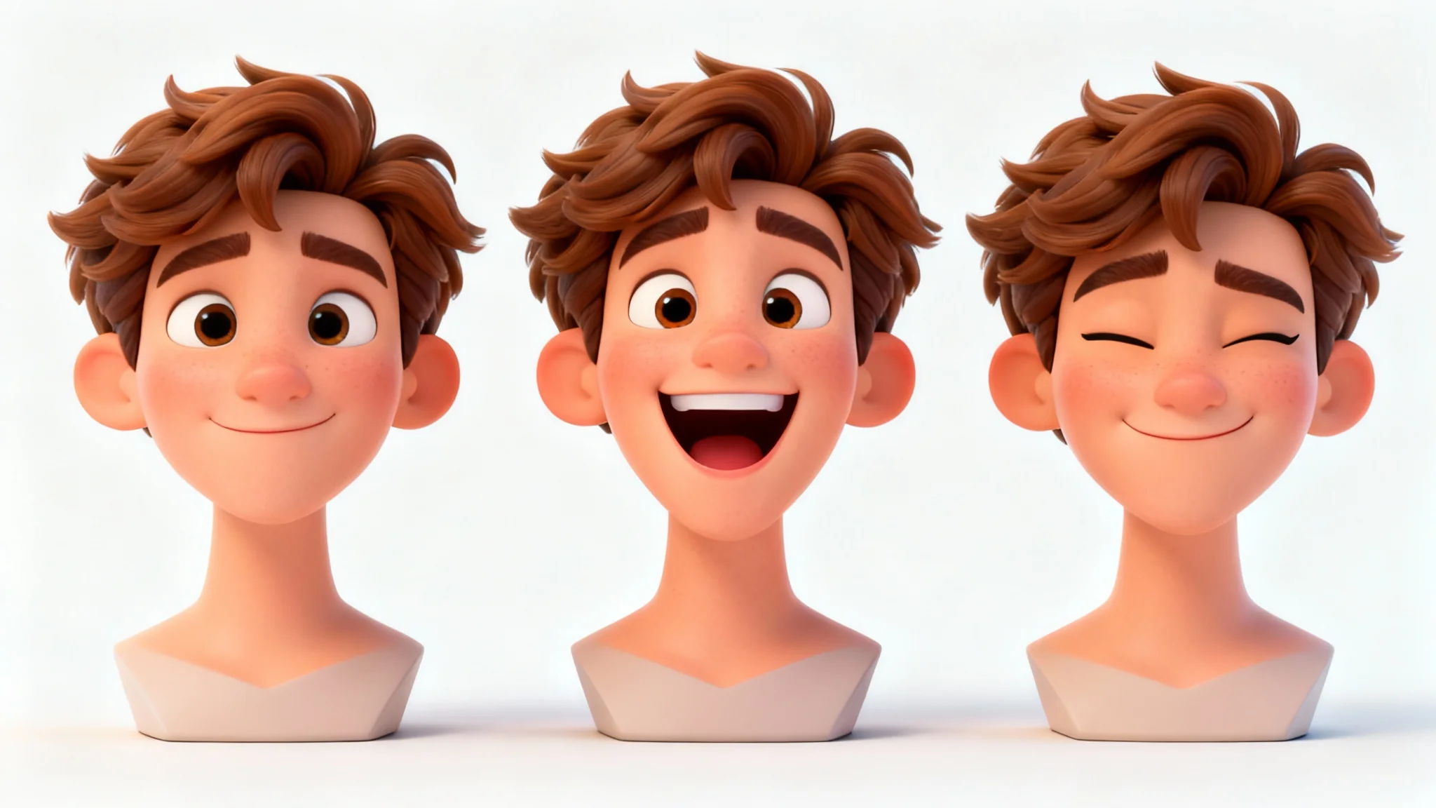 A sequence of three 3D animated avatar busts of a young man, demonstrating different expressions: smiling, laughing, and winking, all set against a plain white background.