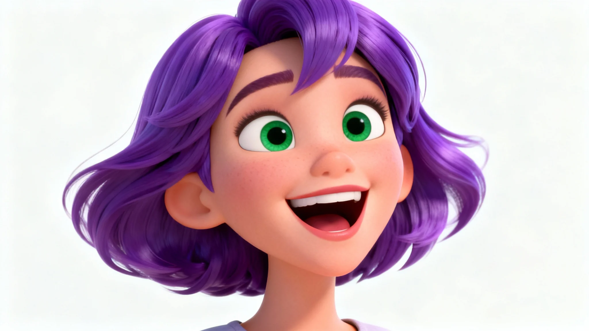 A 3D animated avatar of a young woman with vibrant purple hair and a joyful expression, created in a colorful, Pixar-like style, set against a plain white background.