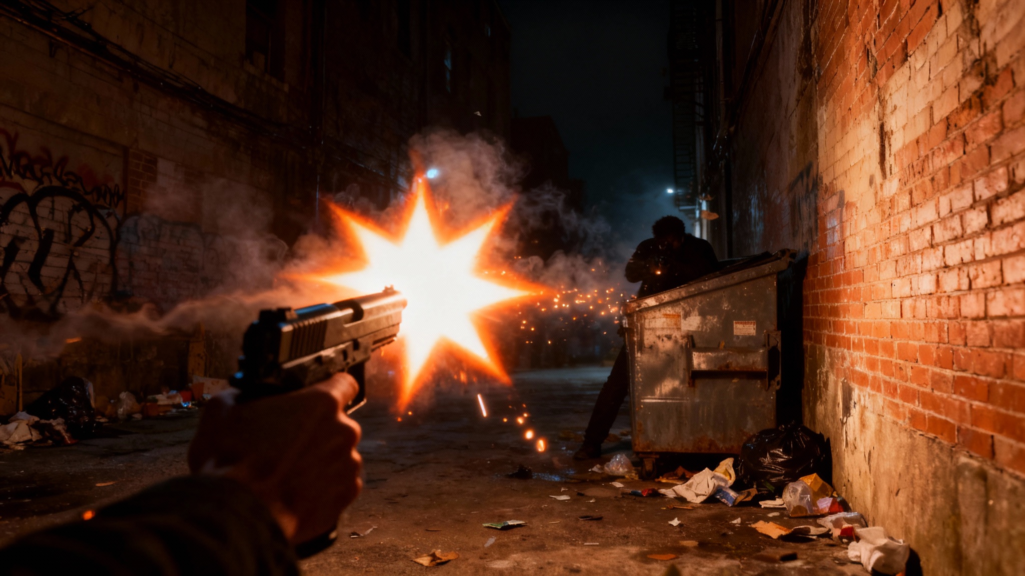 A cinematic, photorealistic image showing the result of a muzzle flash overlay on a photo of a handgun firing in a dark alley, creating a dramatic and realistic action scene.