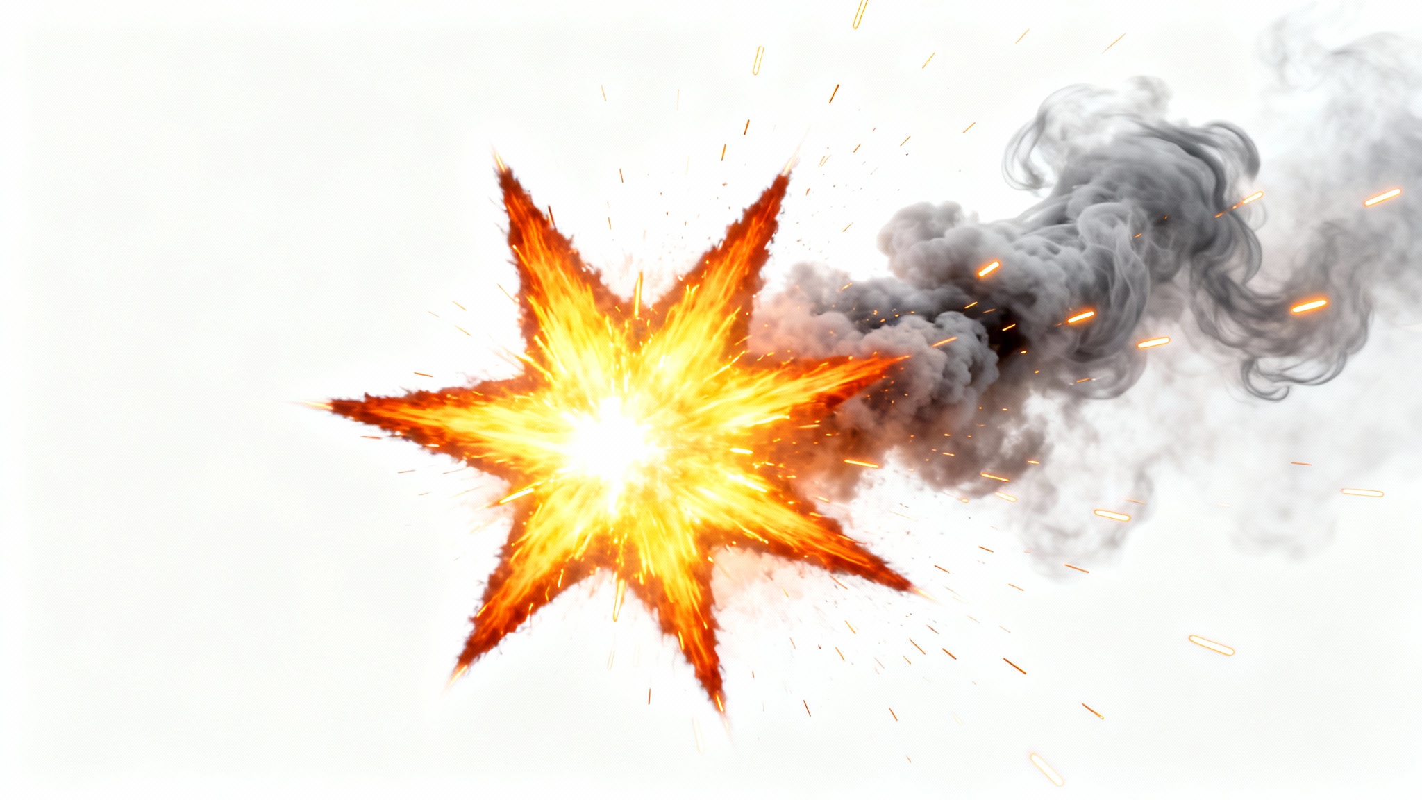 A hyper-realistic muzzle flash overlay, showing a bright orange and yellow explosion with smoke and sparks, isolated on a clean white background.