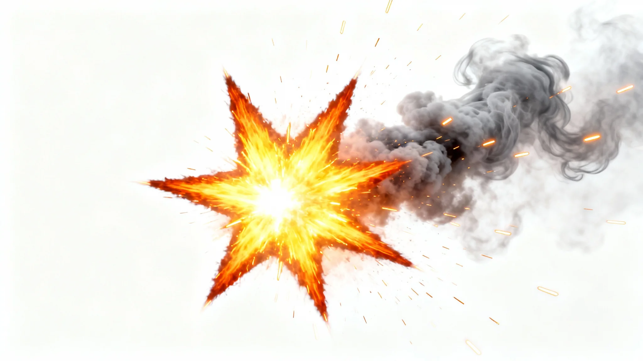 A hyper-realistic muzzle flash overlay, showing a bright orange and yellow explosion with smoke and sparks, isolated on a clean white background.