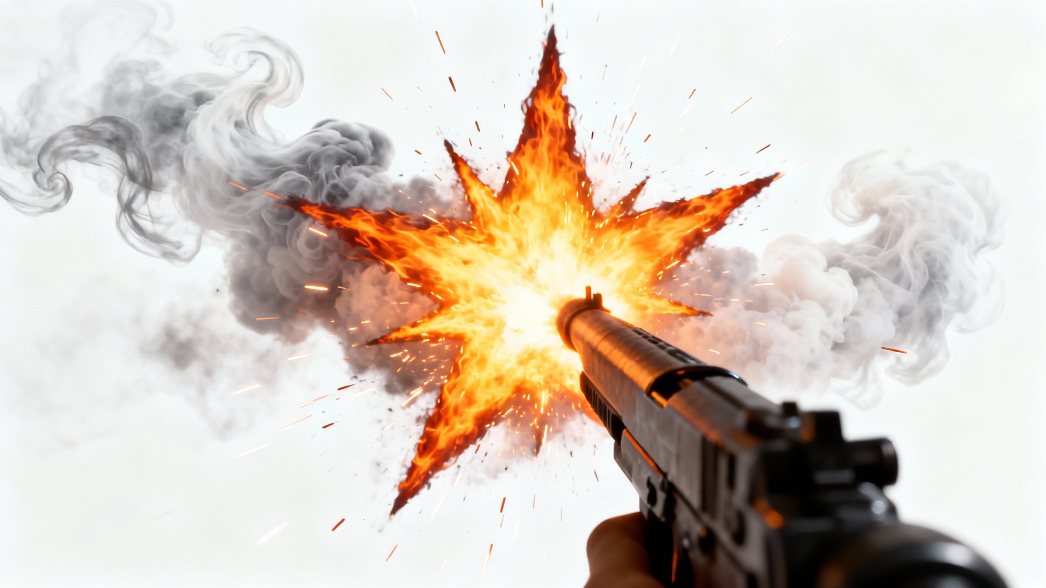 A photorealistic image of a bright, star-shaped muzzle flash with smoke and sparks, captured in high-speed and isolated against a plain white background, demonstrating a visual effect overlay.