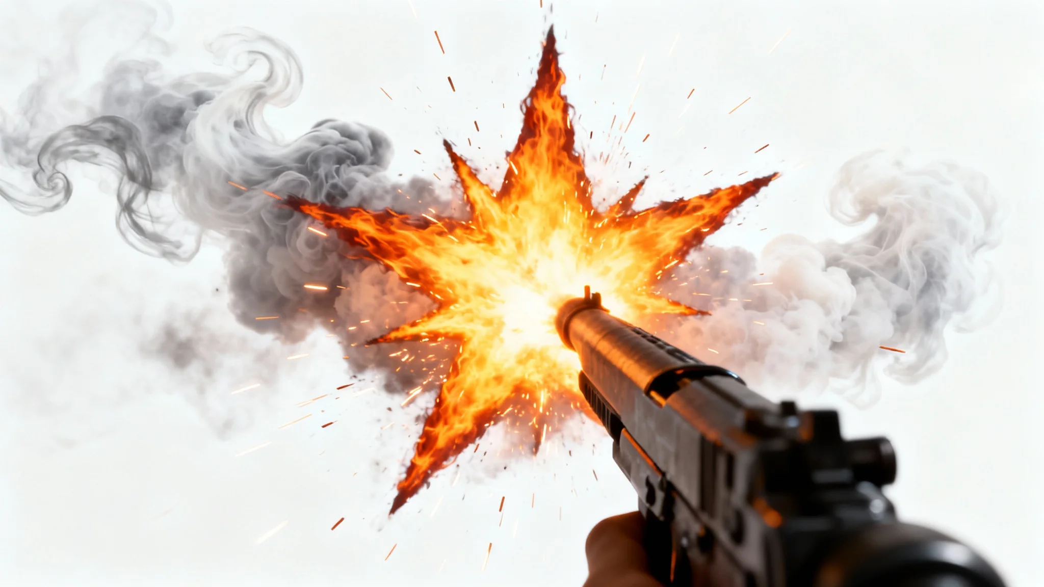 A photorealistic image of a bright, star-shaped muzzle flash with smoke and sparks, captured in high-speed and isolated against a plain white background, demonstrating a visual effect overlay.