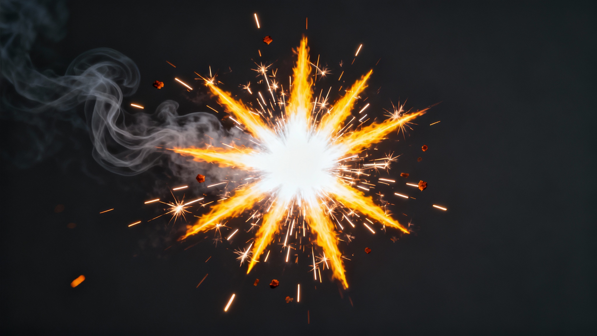 A hyper-realistic muzzle flash effect, isolated against a dark background. The flash is a bright, star-shaped explosion of orange and yellow light, with sparks and smoke emanating from its center.