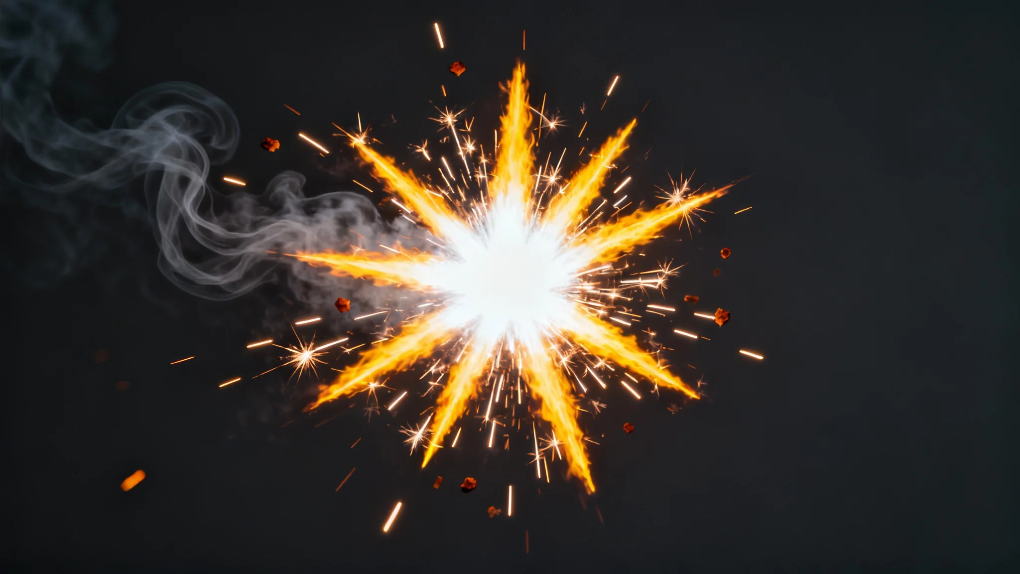 A hyper-realistic muzzle flash effect, isolated against a dark background. The flash is a bright, star-shaped explosion of orange and yellow light, with sparks and smoke emanating from its center.