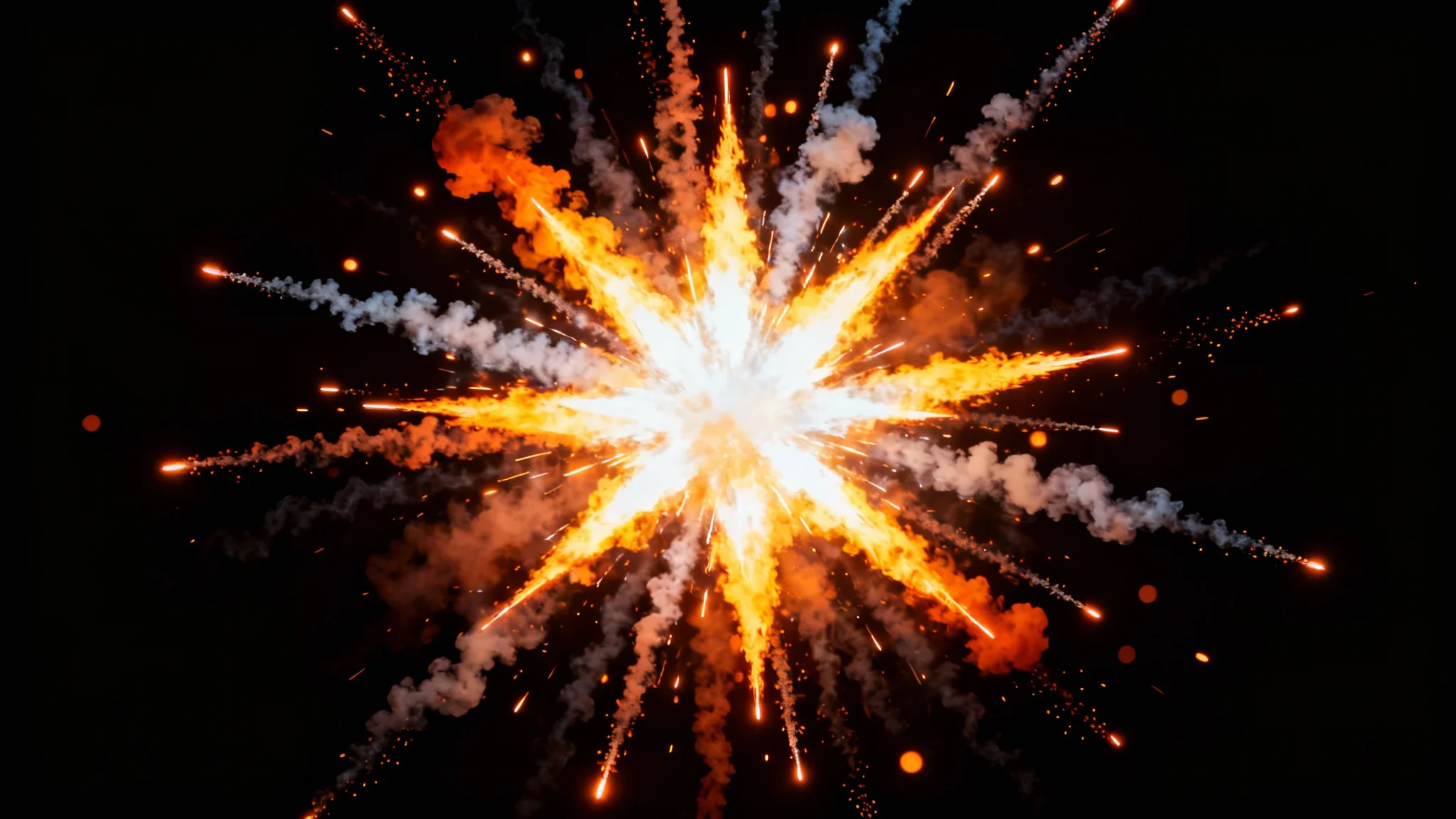 A photorealistic depiction of a fiery, starburst-shaped muzzle flash with trailing smoke and embers, set against a plain black background to emphasize the effect.