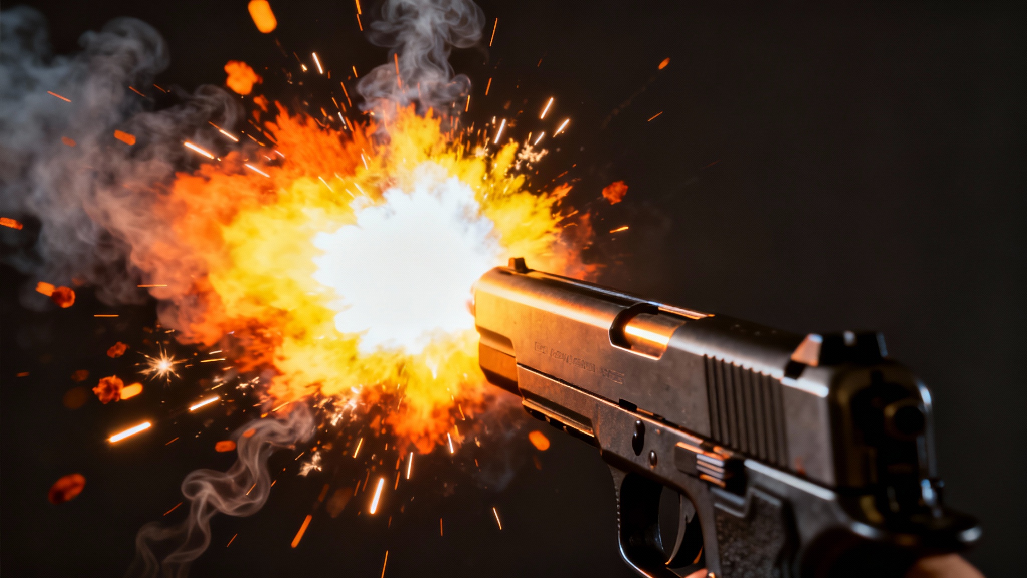 A dramatic, high-speed photograph capturing the moment a pistol is fired. The focus is on the large, starburst-shaped muzzle flash in brilliant orange and yellow, with smoke and embers frozen in time against a dark background.