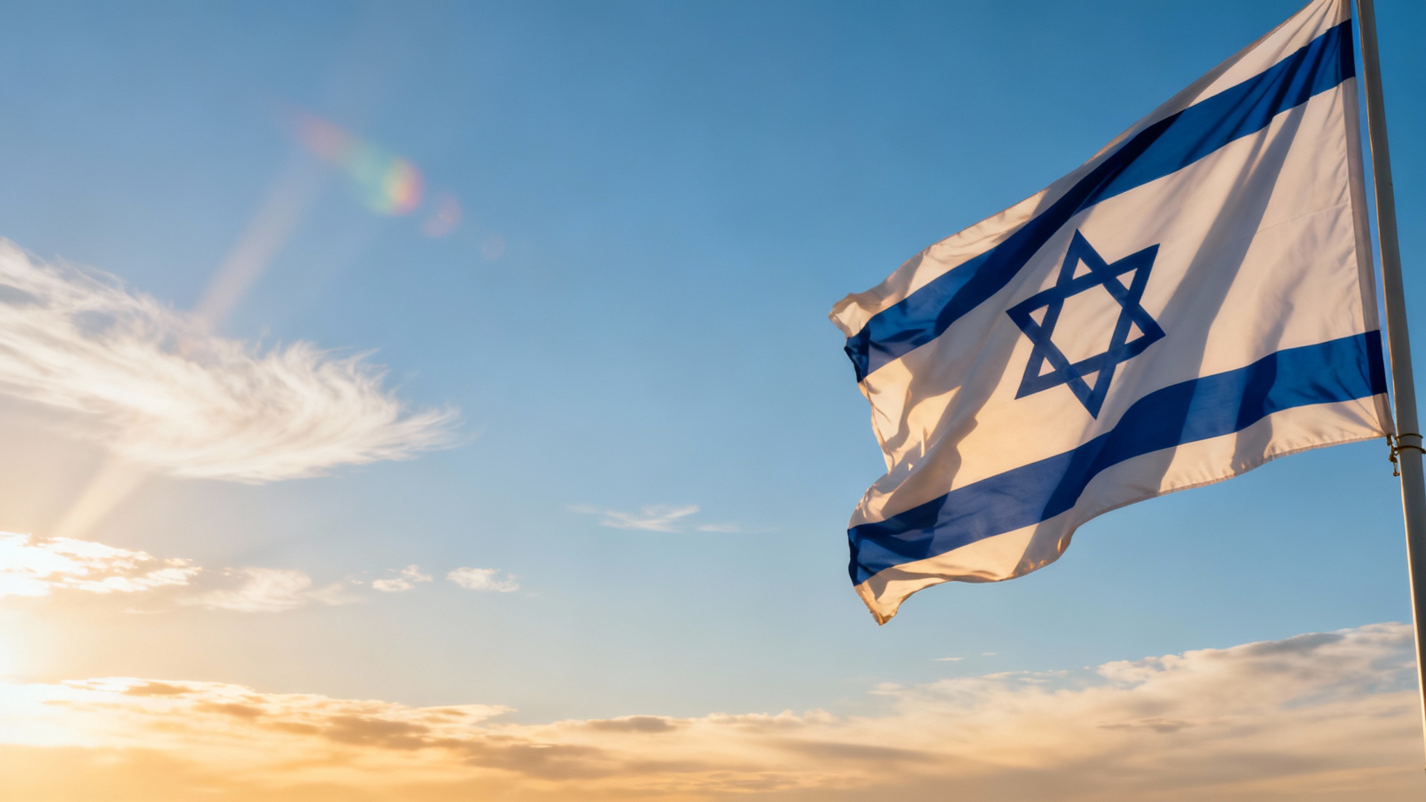 A professionally designed background image showing the Israeli flag waving majestically during a golden sunset, with ample clean space on the left for content.