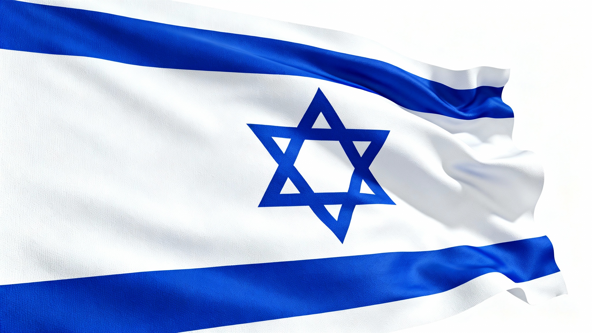 A photorealistic background image of the Israeli flag, featuring the blue Star of David and stripes, waving gently against a clean white background.