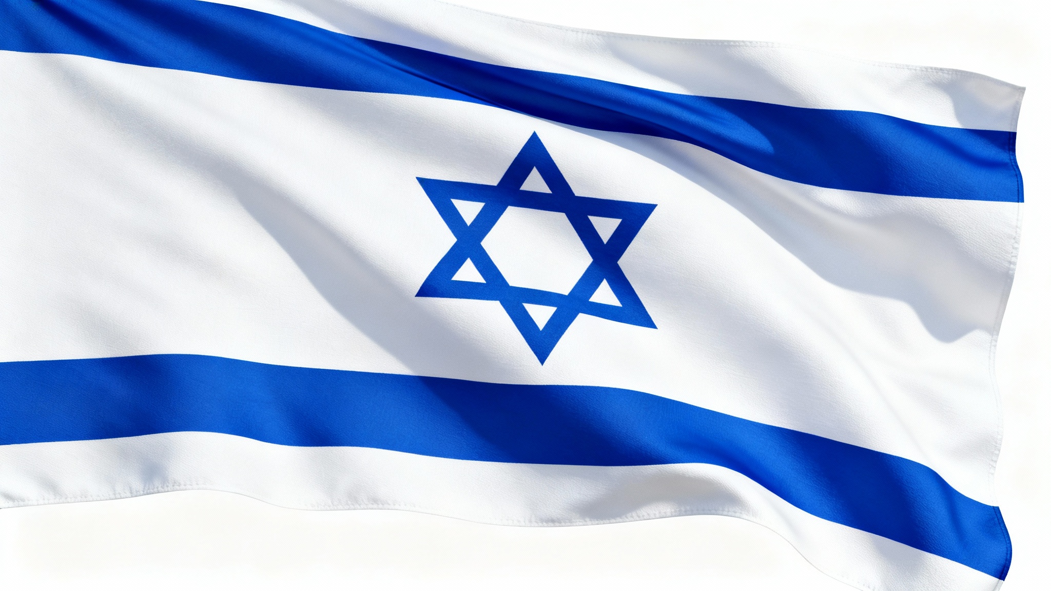 A photorealistic image of the Israeli flag made from a textured fabric, waving gently against a solid white background.