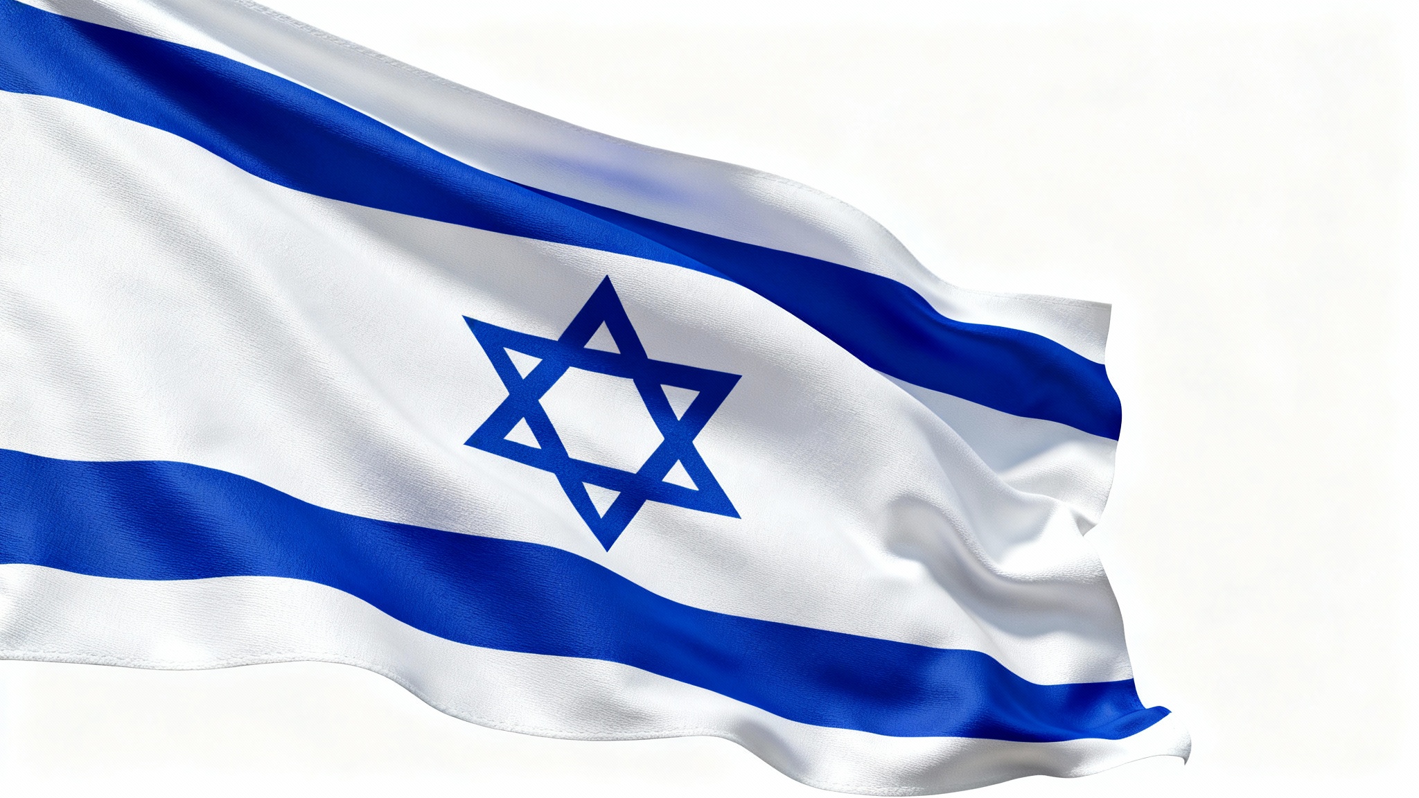 An image of the Israeli flag, with its blue Star of David and two horizontal blue stripes, waving gently against a clean white background.