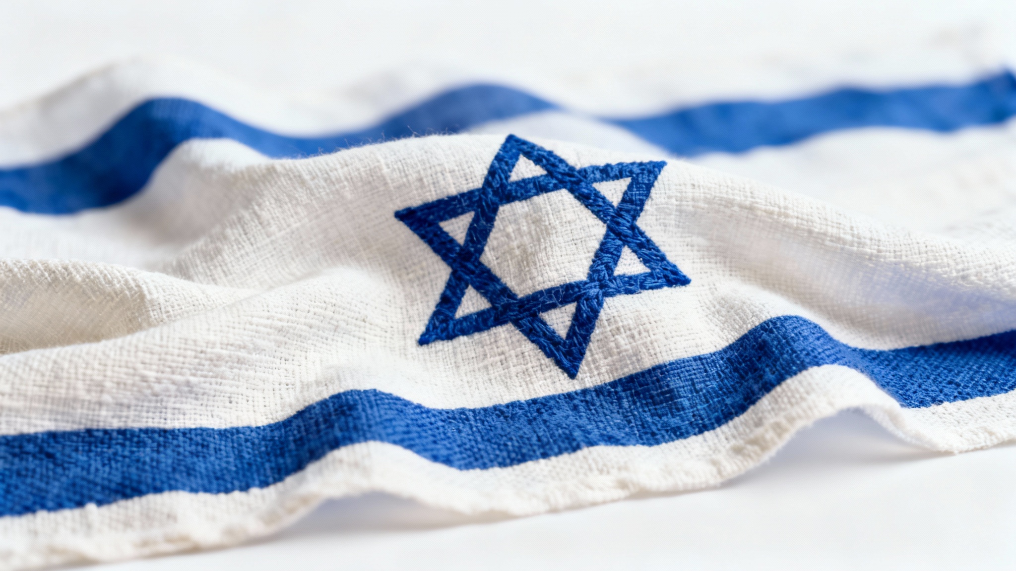 A close-up photograph of an Israeli flag draped softly, with the focus on the Star of David, set against a clean white background to be used as a wallpaper.