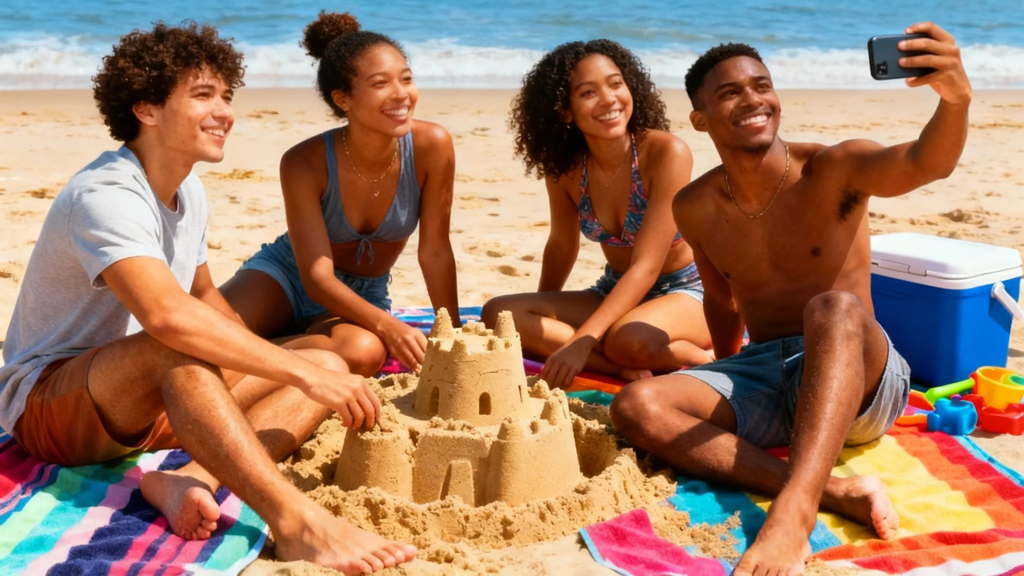 A high-quality photo of four friends enjoying a day at the beach. They are all barefoot, and there are no shoes anywhere in the picture, demonstrating the result of a photo editing tool that removes objects.