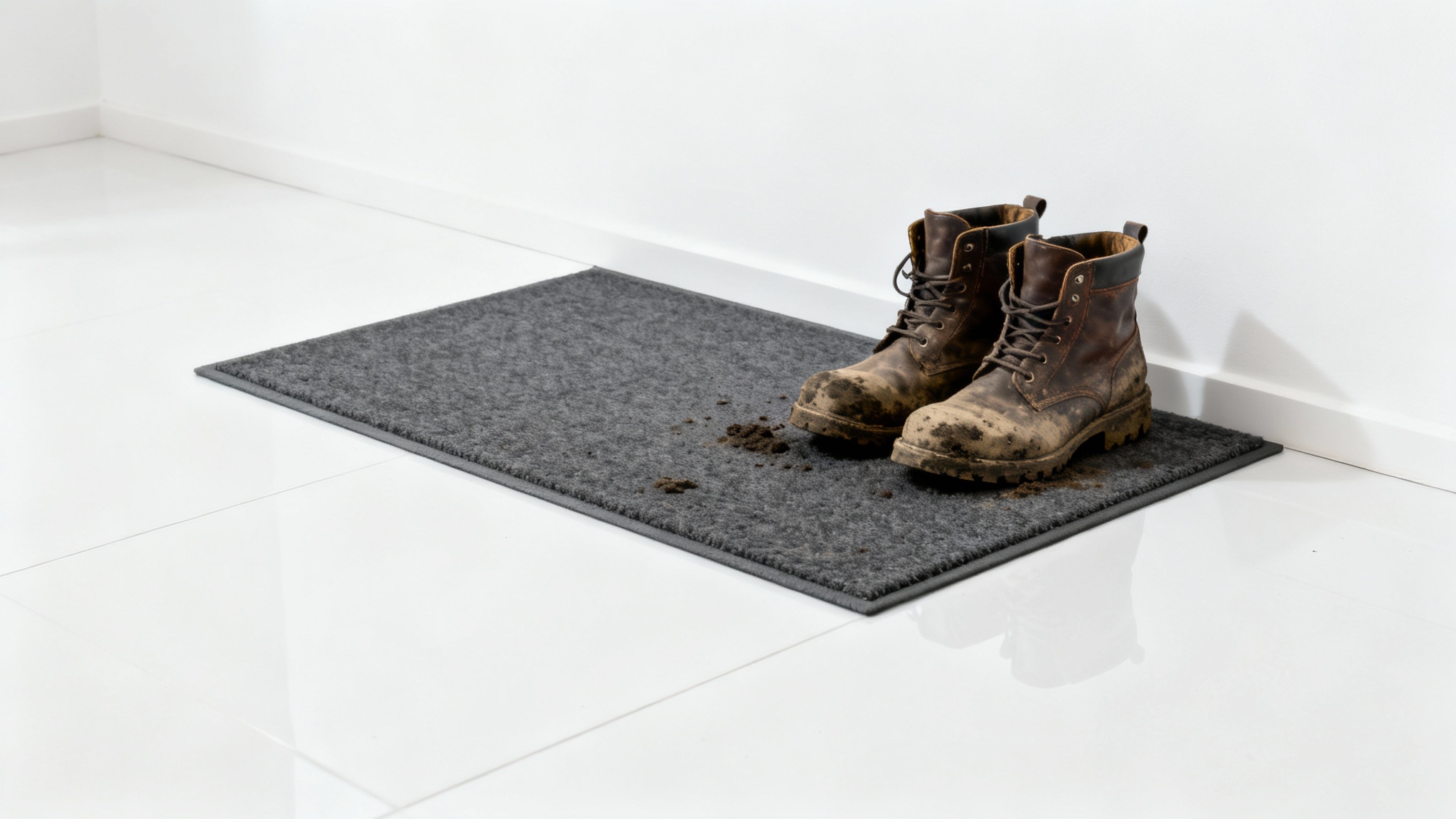 A pair of muddy boots sitting on a doormat in an otherwise spotlessly clean white room, symbolizing the benefit of removing shoes to keep a home clean.