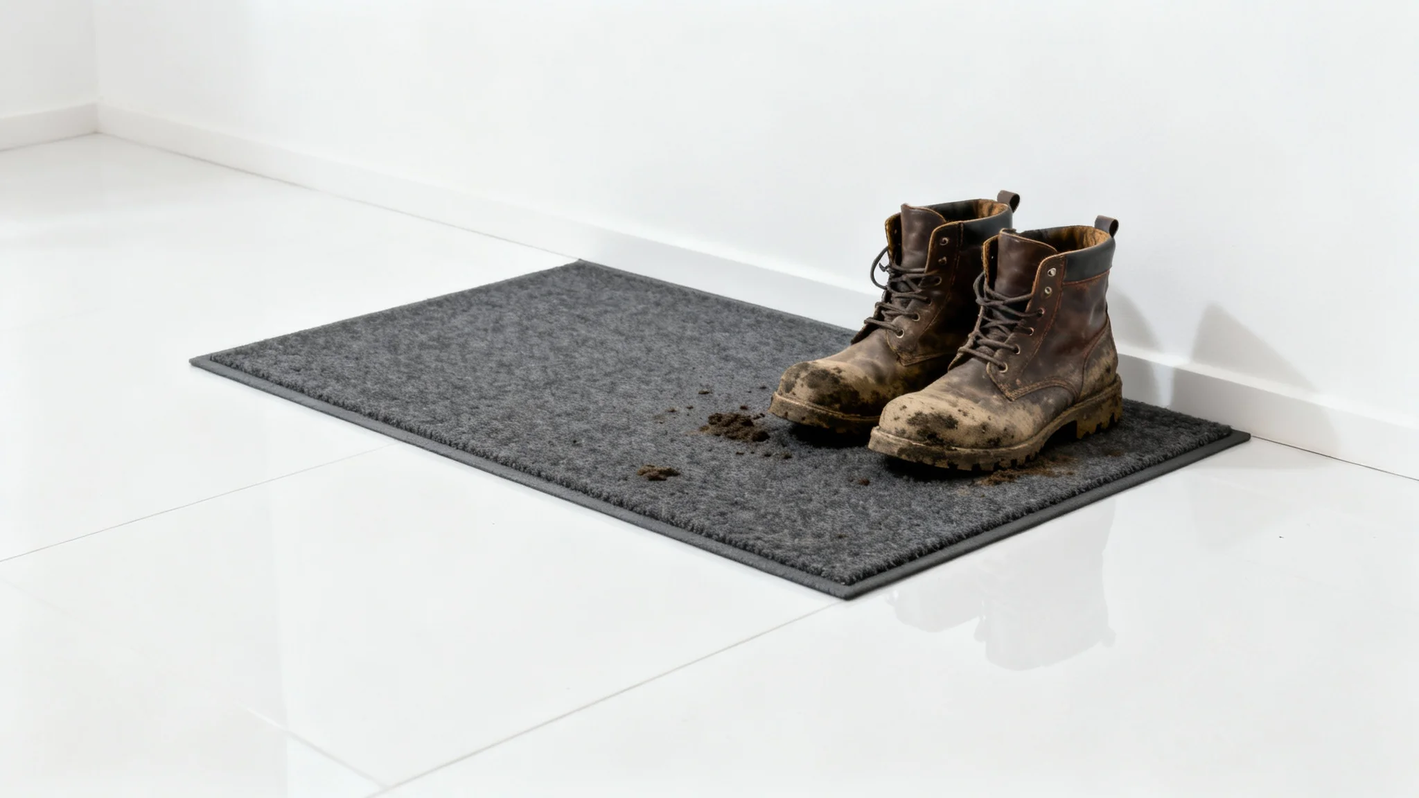 A pair of muddy boots sitting on a doormat in an otherwise spotlessly clean white room, symbolizing the benefit of removing shoes to keep a home clean.