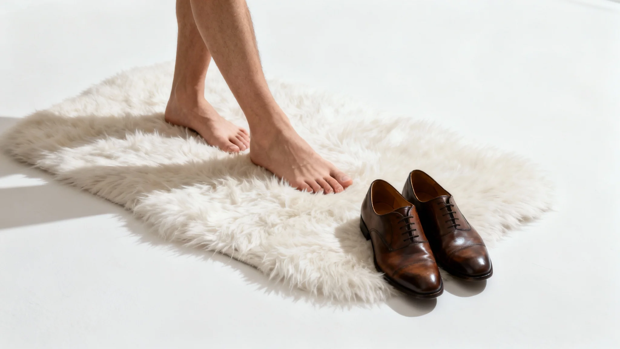 A close-up, low-angle photo of a person's bare feet relaxing on a soft white rug, with a pair of formal shoes placed neatly beside them against a white background, symbolizing comfort and relief.