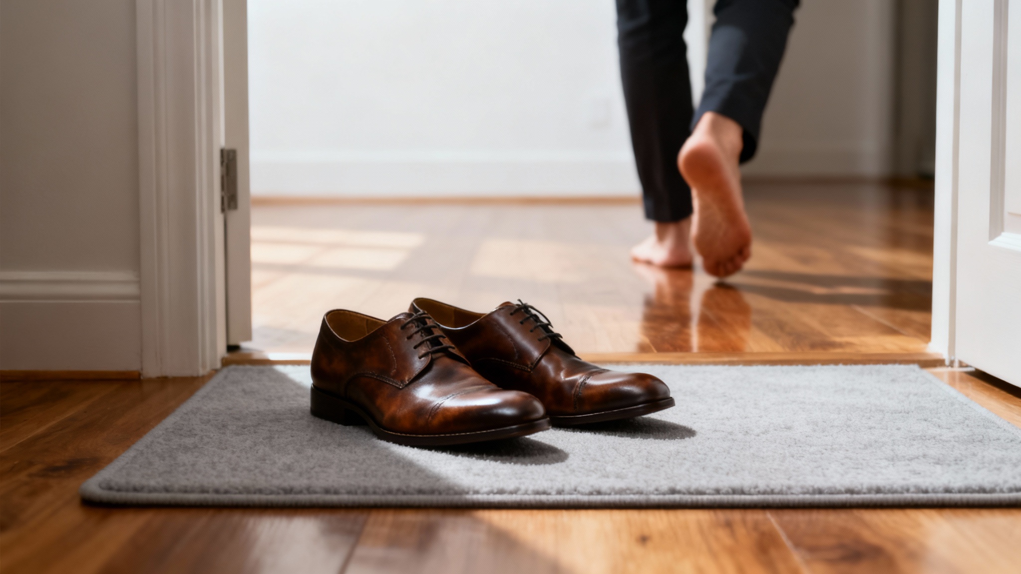 A pair of leather dress shoes left neatly on a doormat at the entrance of a home, with bare feet seen walking away into the house, symbolizing comfort and cleanliness.